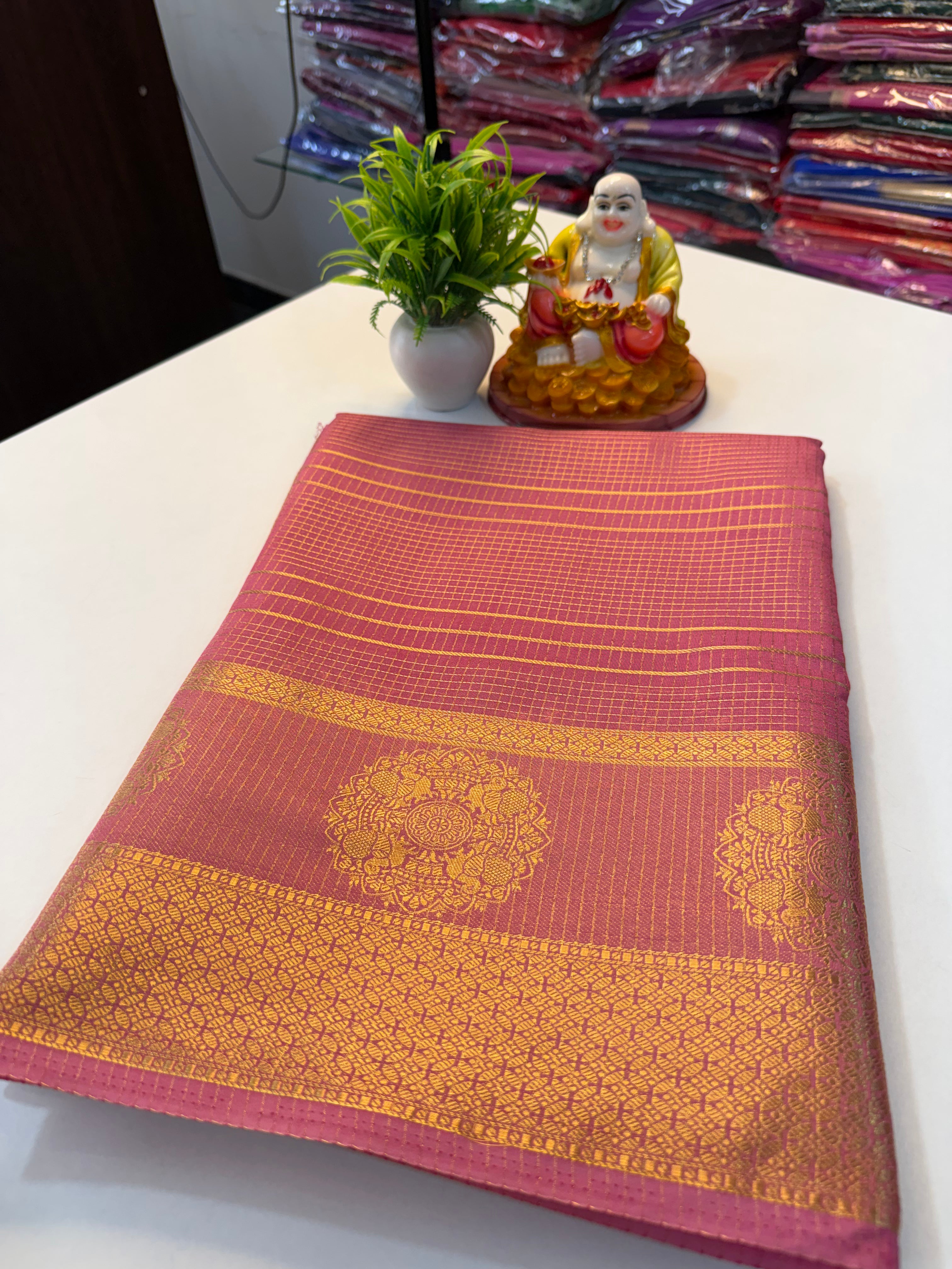 Premium Mysore Crape Silk Saree with Checks Pattern & Rich …