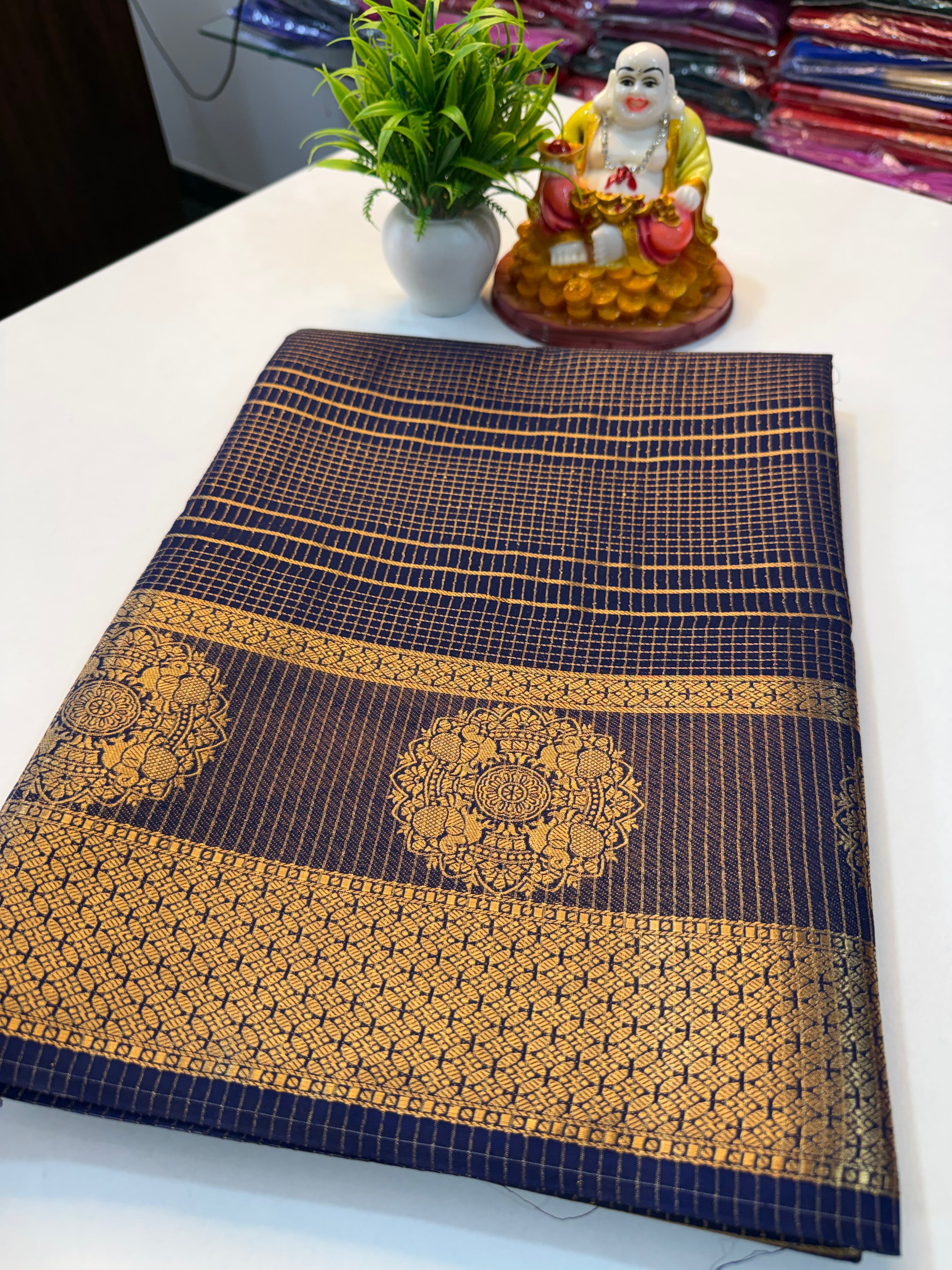 Premium Mysore Crape Silk Saree with Checks Pattern & Rich …