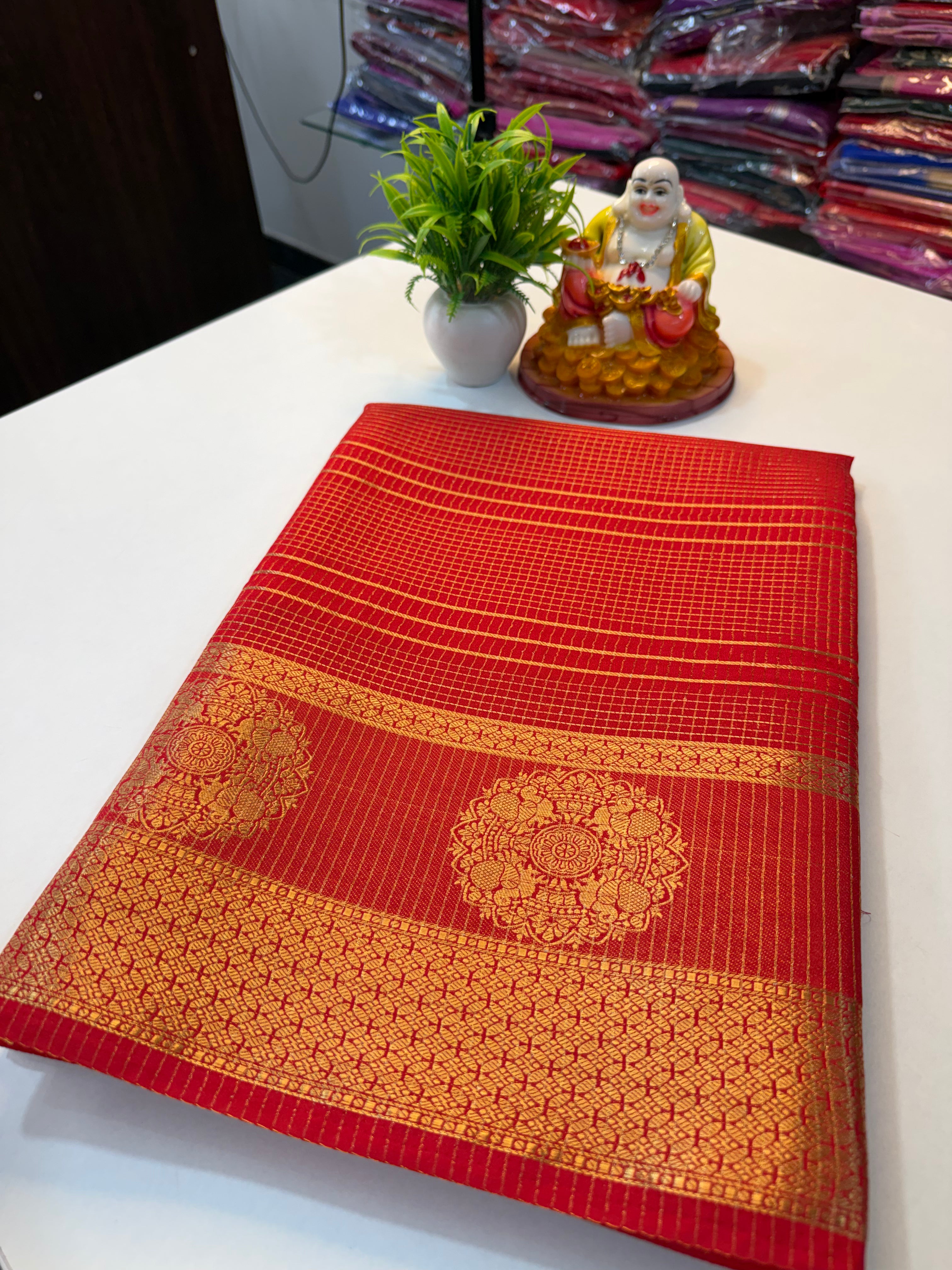 Premium Mysore Crape Silk Saree with Checks Pattern & Rich …