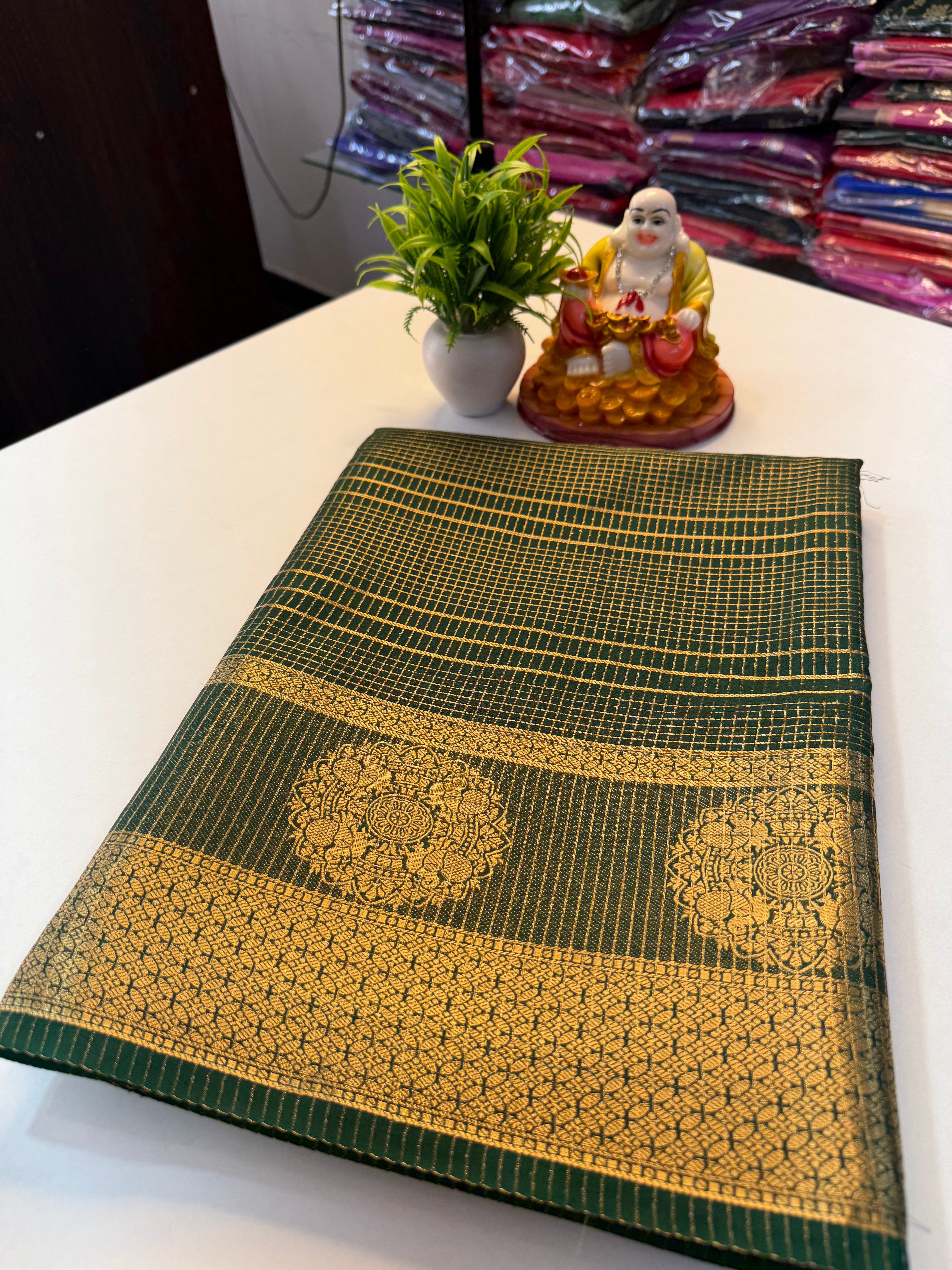 Premium Mysore Crape Silk Saree with Checks Pattern & Rich …