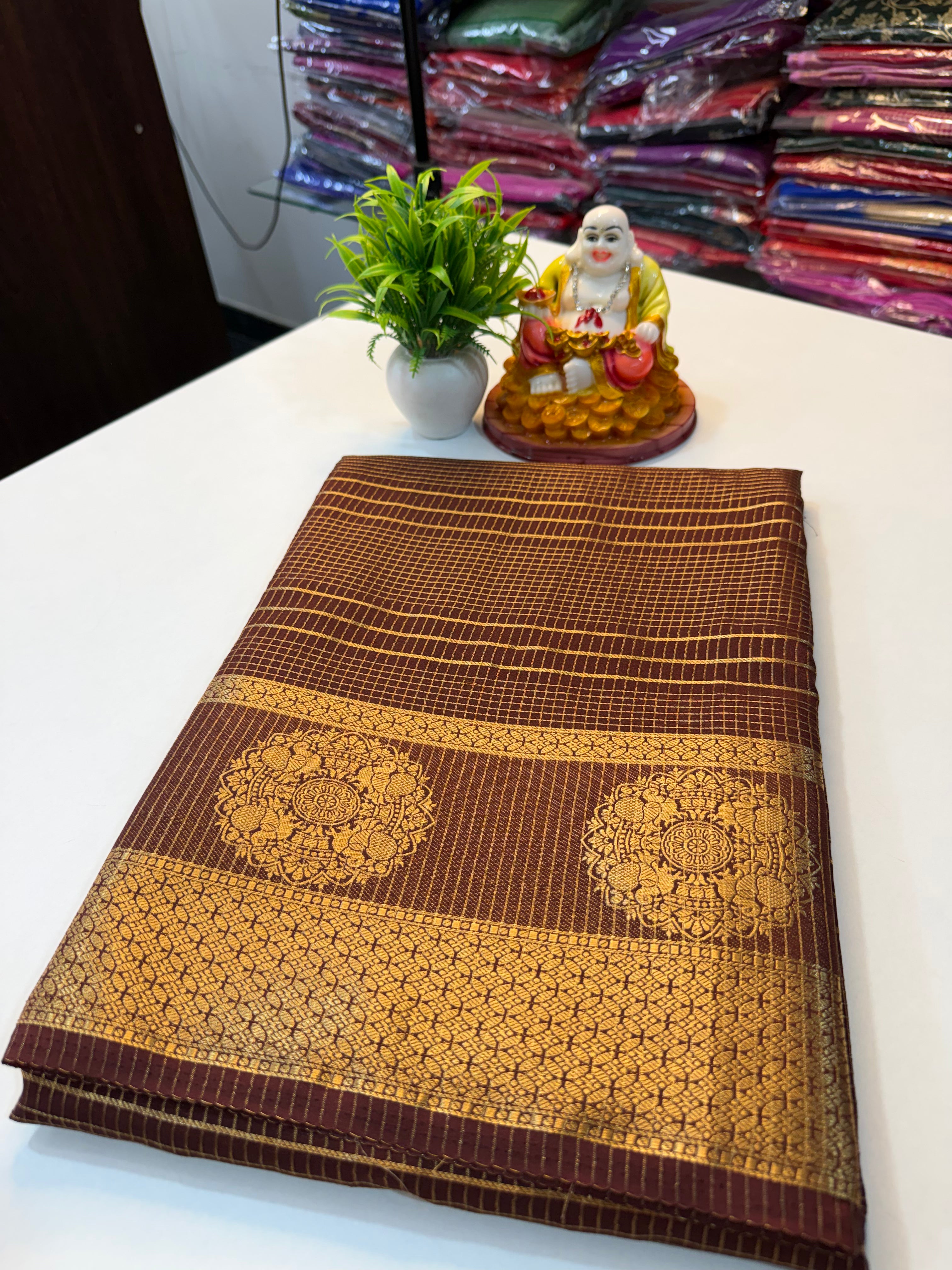 Premium Mysore Crape Silk Saree with Checks Pattern & Rich …