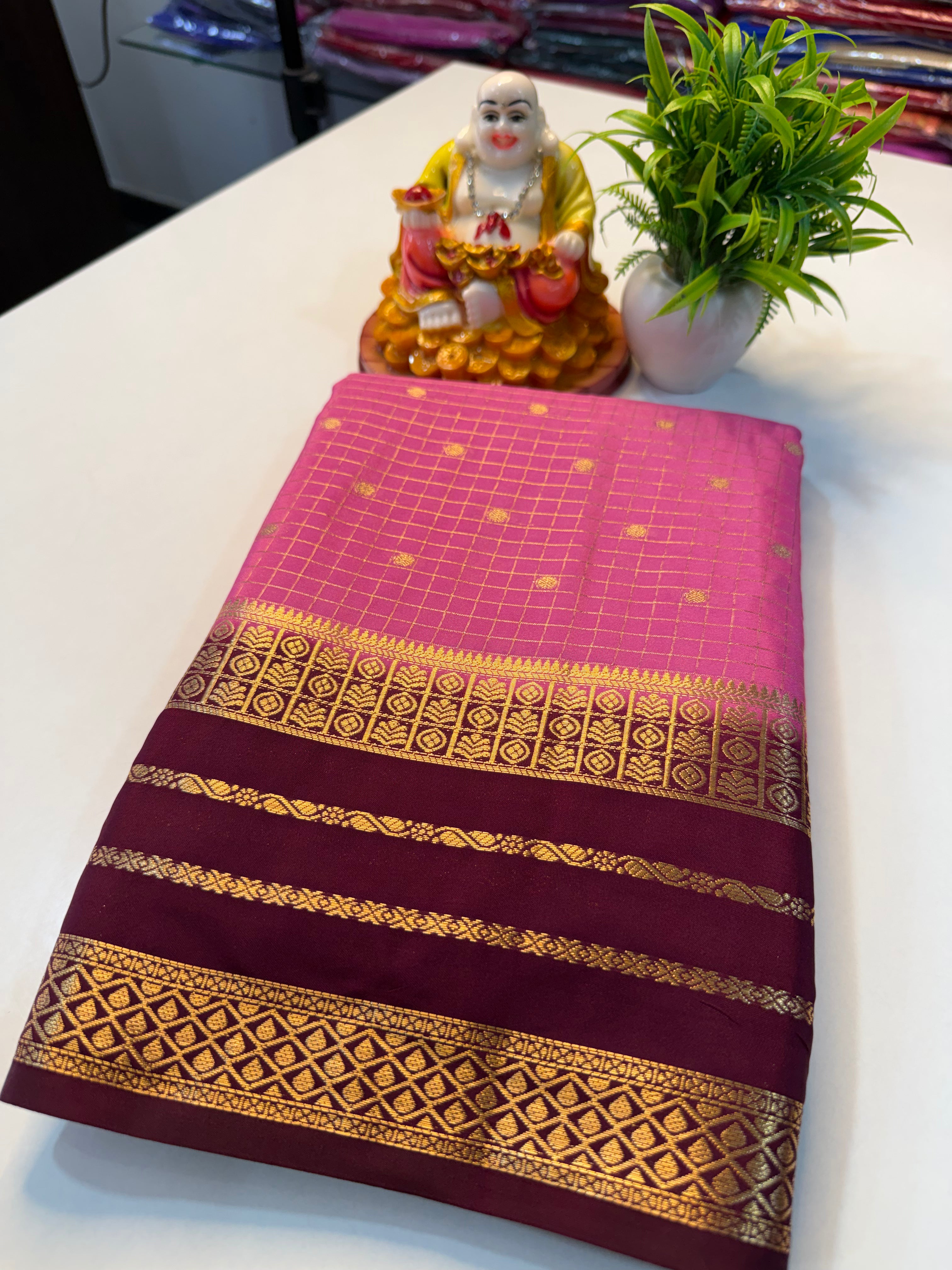 Premium Mysore Crape Silk Saree with Checks, Buttas & Rich Pallu…