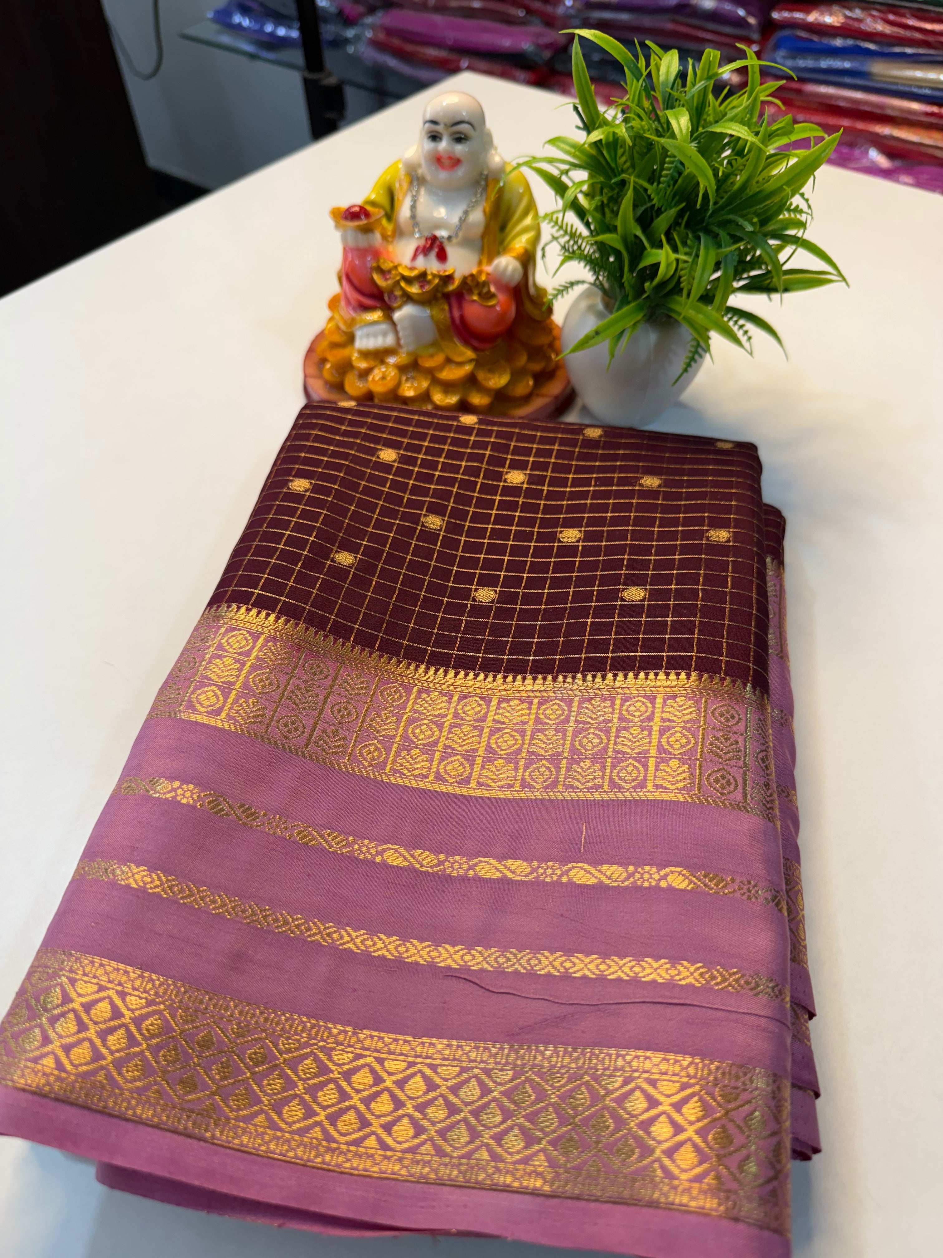 Premium Mysore Crape Silk Saree with Checks, Buttas & Rich Pallu…