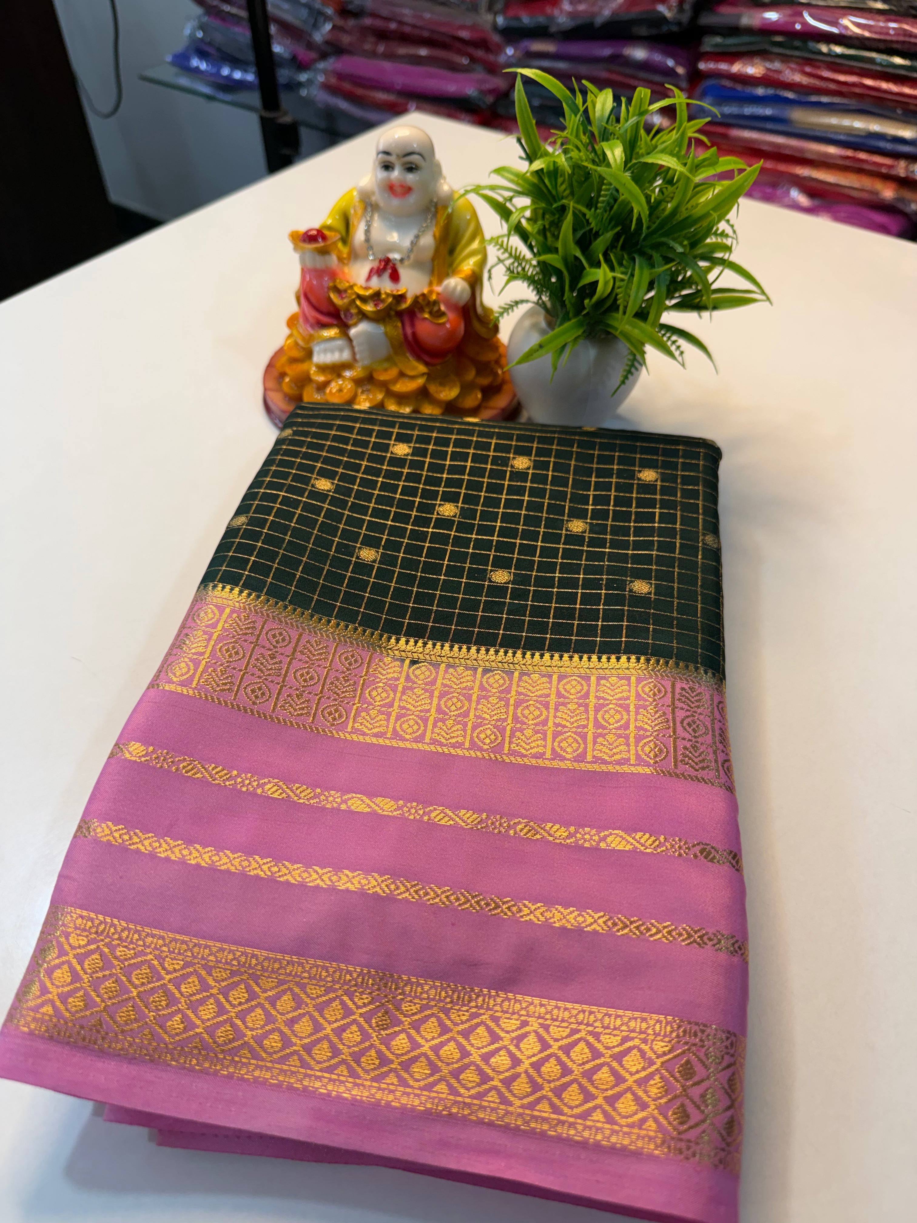 Premium Mysore Crape Silk Saree with Checks, Buttas & Rich Pallu…