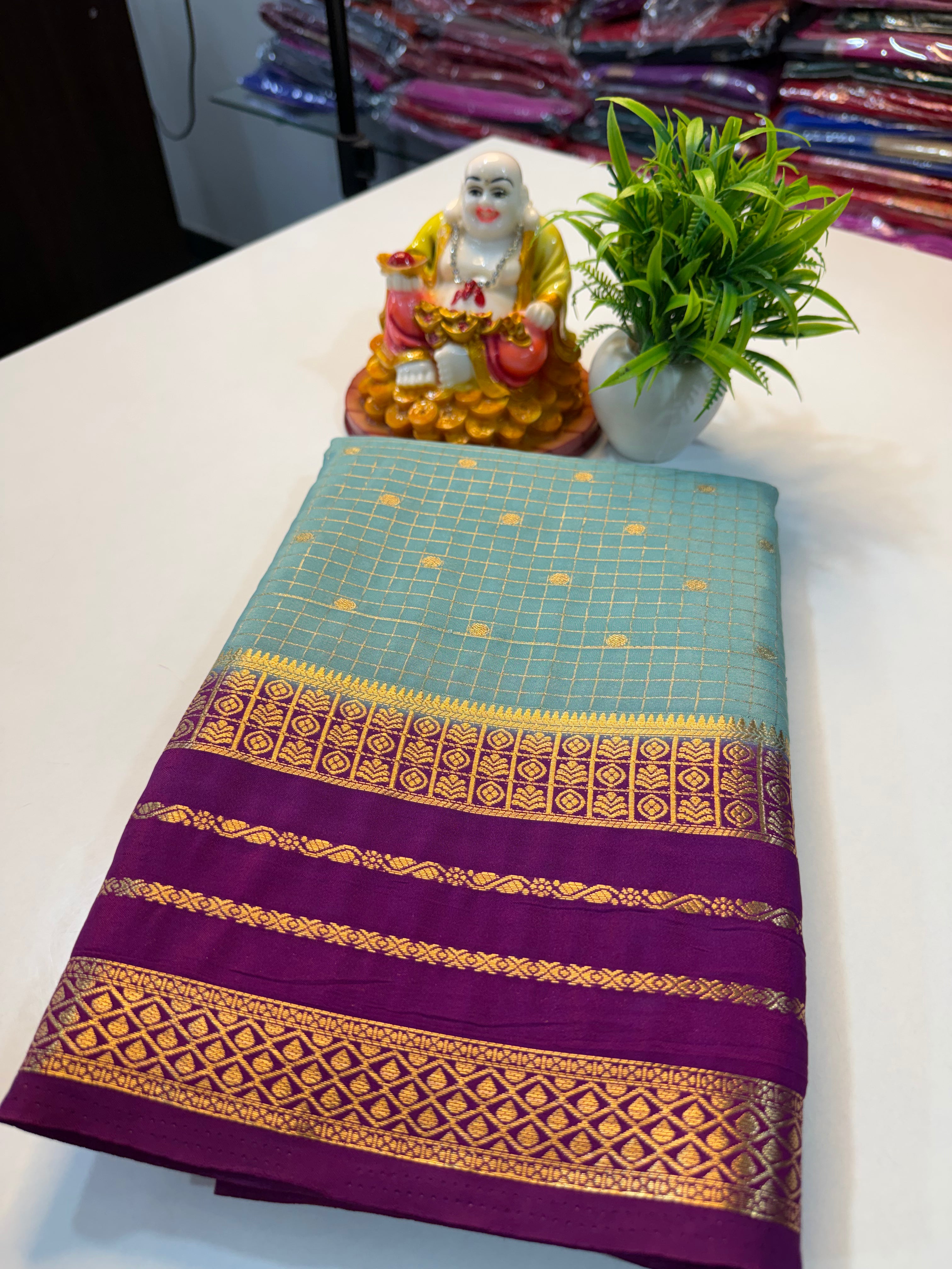Premium Mysore Crape Silk Saree with Checks, Buttas & Rich Pallu…