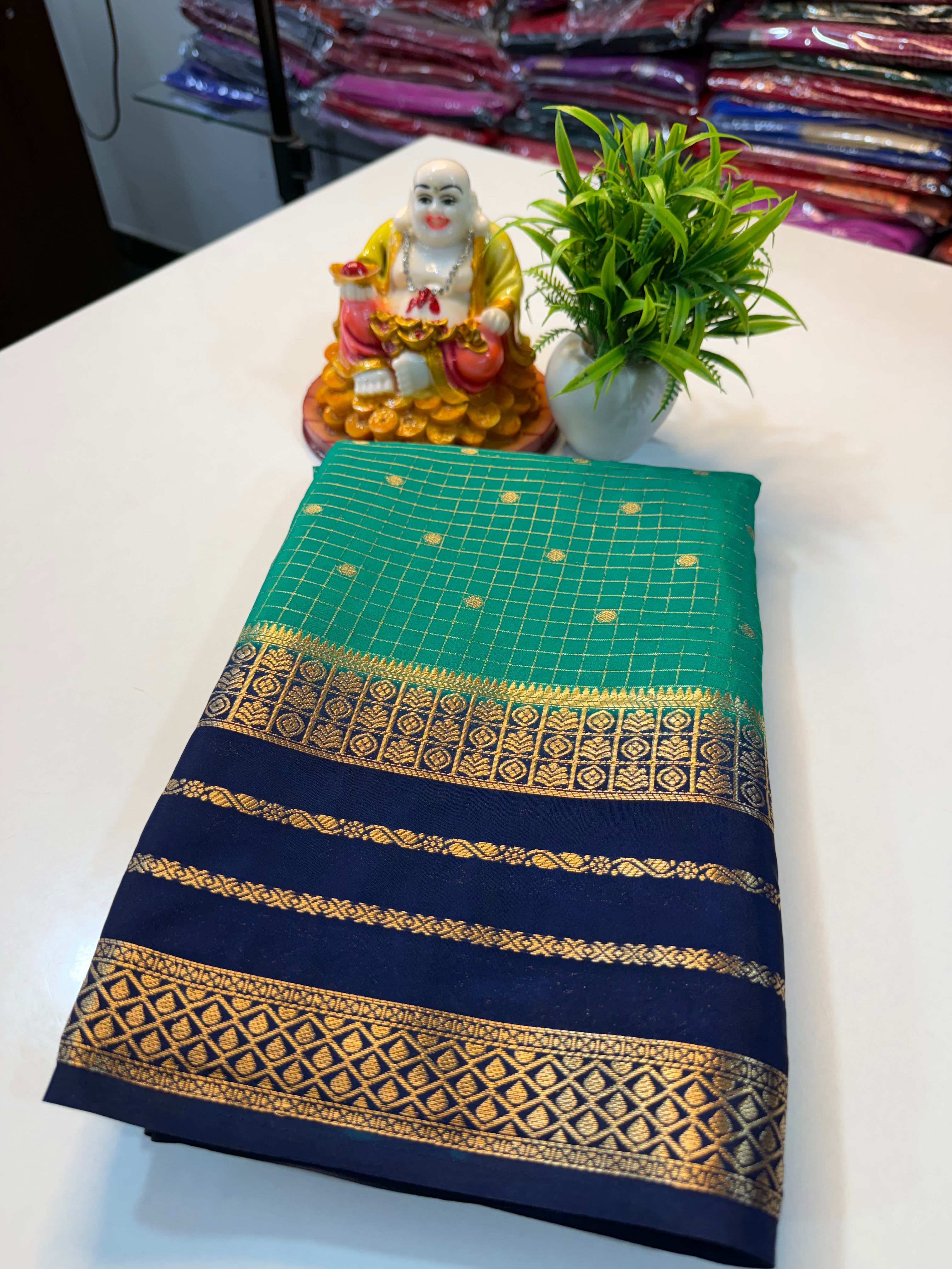 Premium Mysore Crape Silk Saree with Checks, Buttas & Rich Pallu…