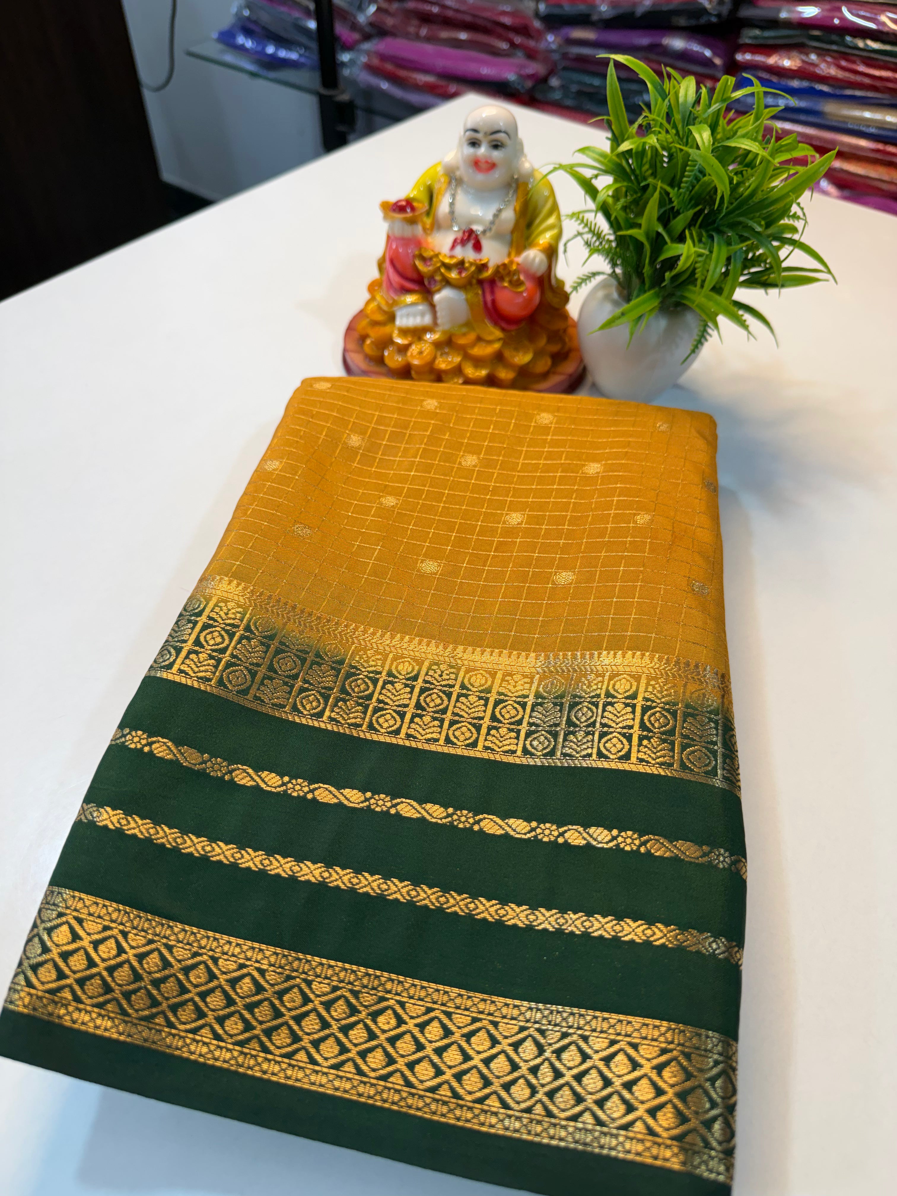 Premium Mysore Crape Silk Saree with Checks, Buttas & Rich Pallu…
