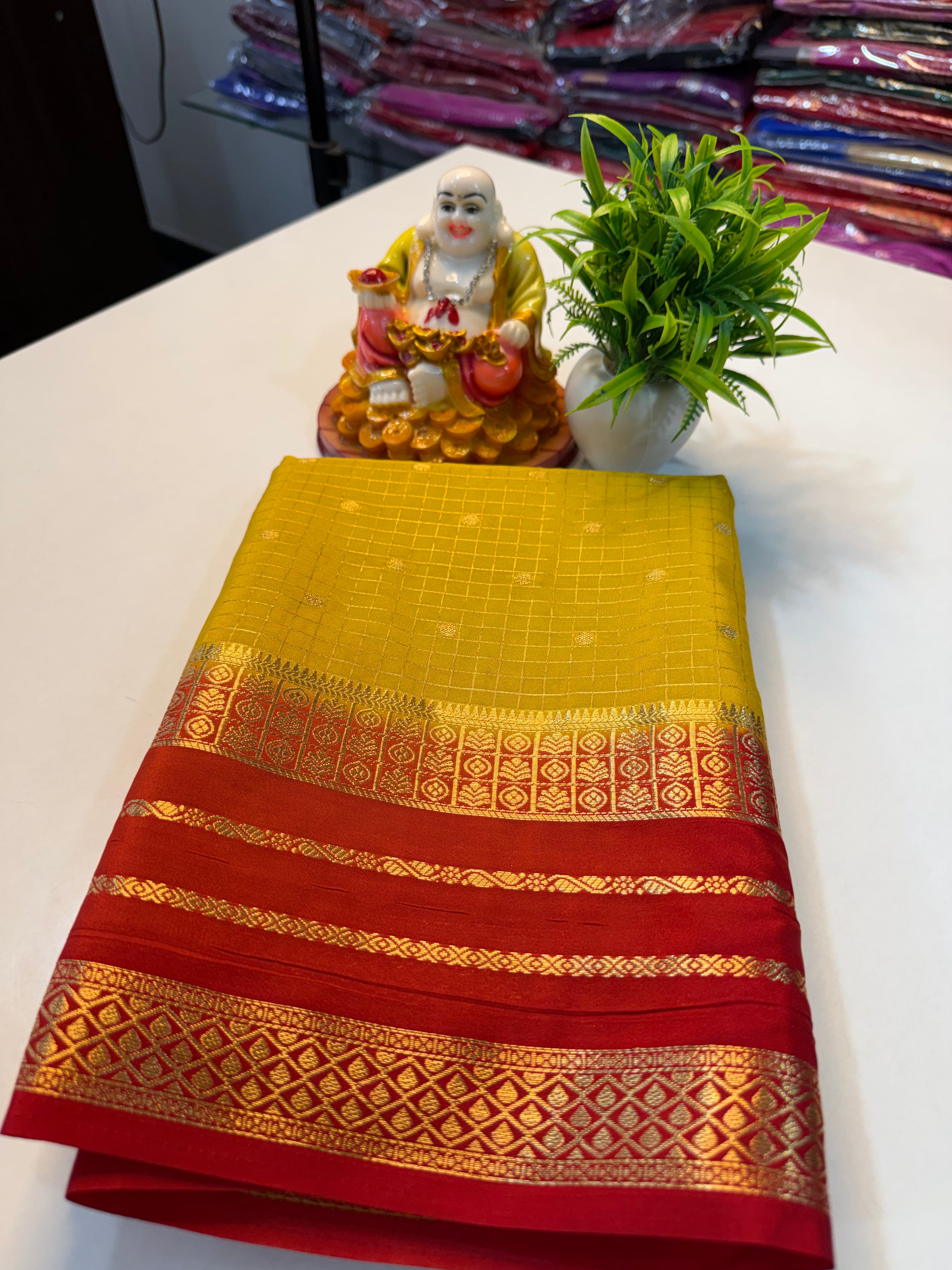 Premium Mysore Crape Silk Saree with Checks, Buttas & Rich Pallu…
