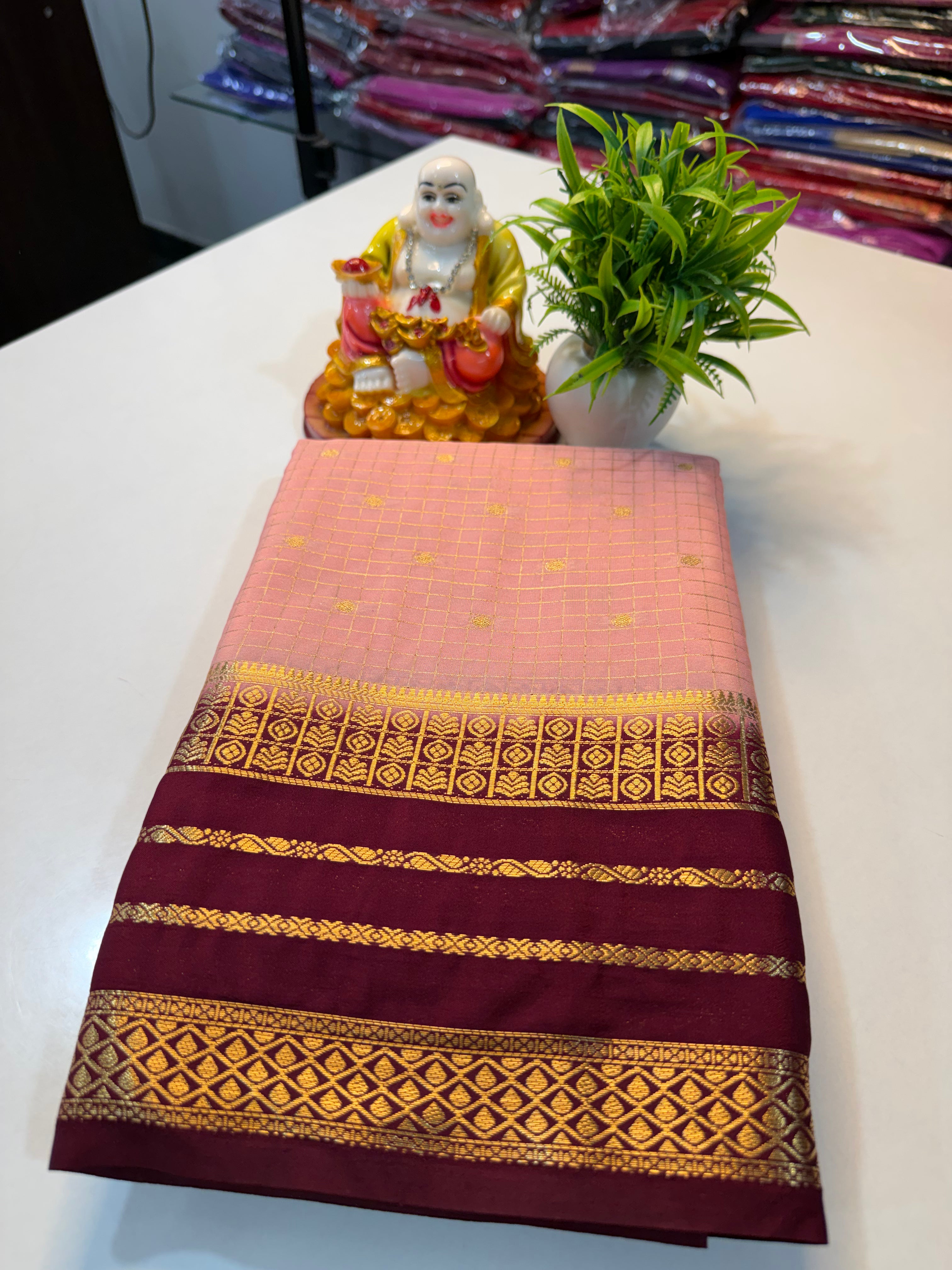 Premium Mysore Crape Silk Saree with Checks, Buttas & Rich Pallu…