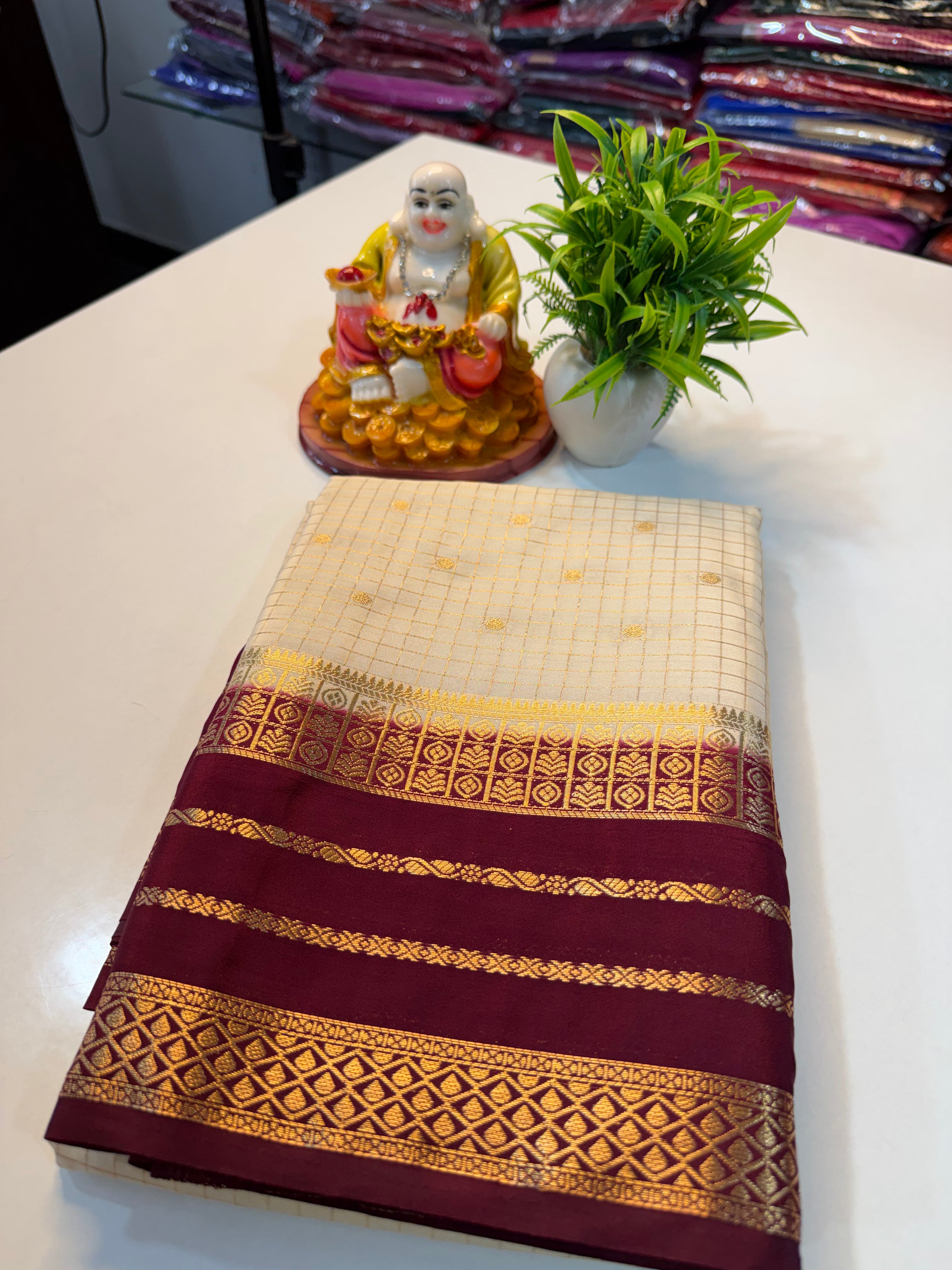 Premium Mysore Crape Silk Saree with Checks, Buttas & Rich Pallu…