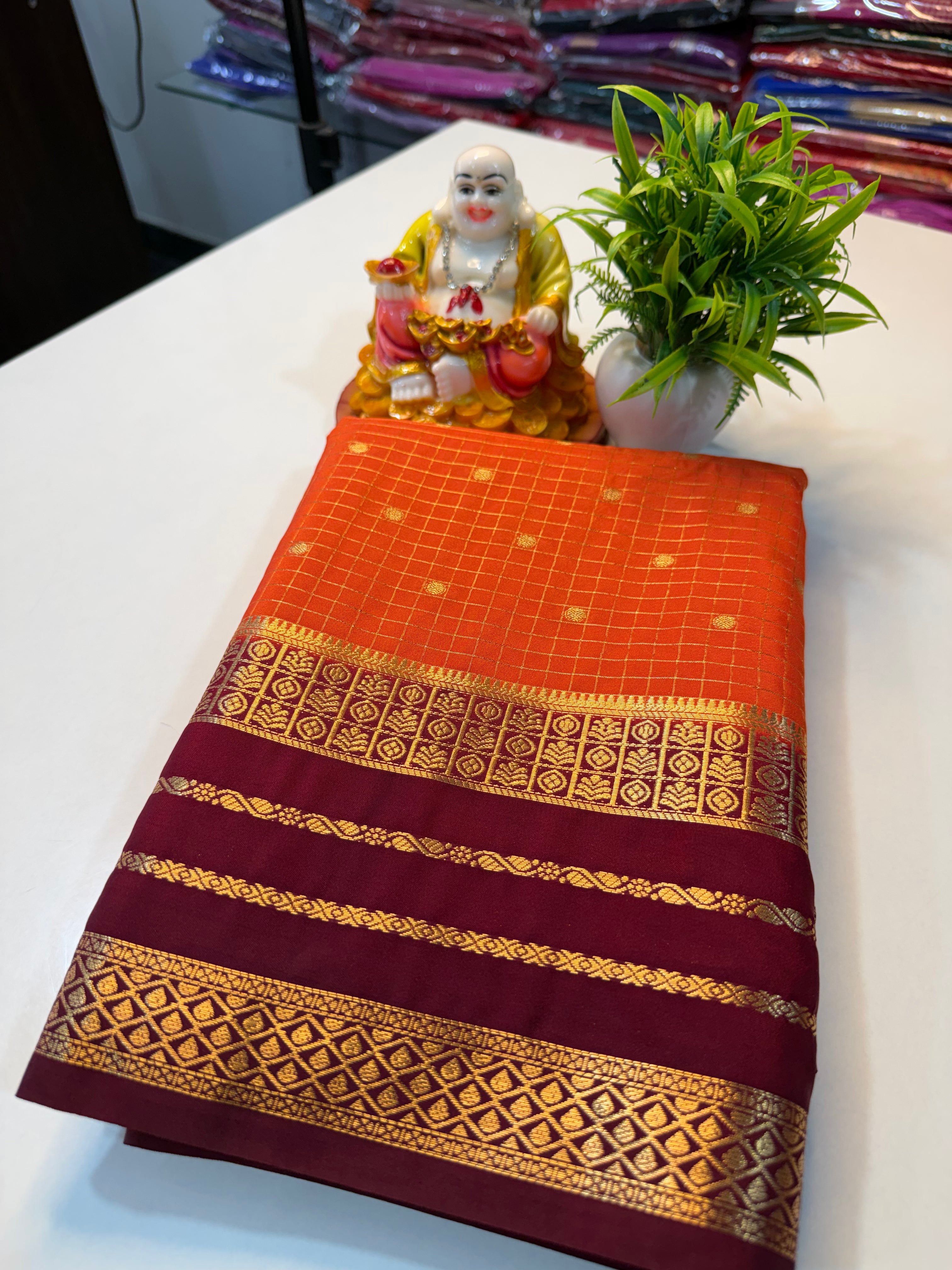Premium Mysore Crape Silk Saree with Checks, Buttas & Rich Pallu…