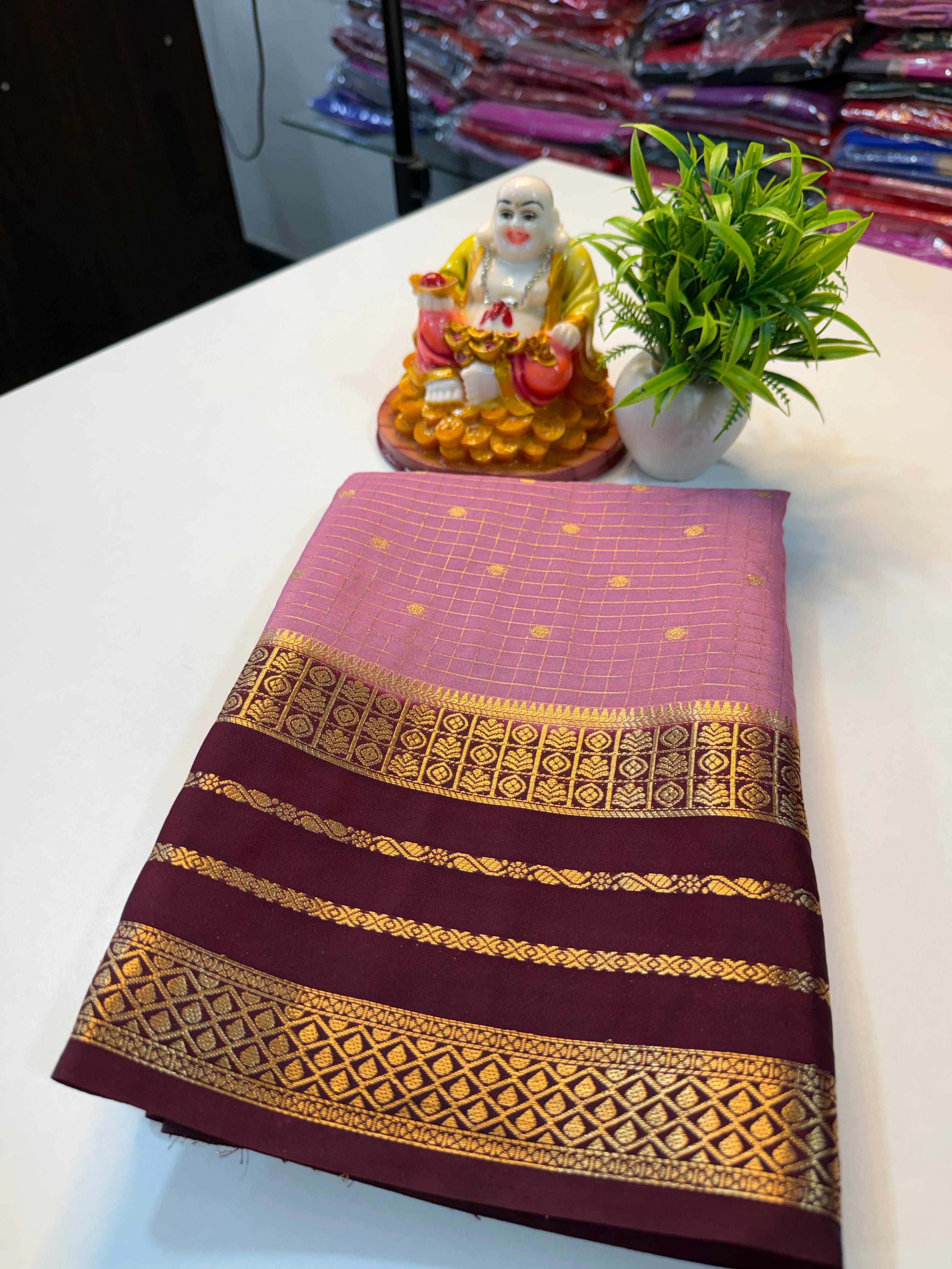 Premium Mysore Crape Silk Saree with Checks, Buttas & Rich Pallu…