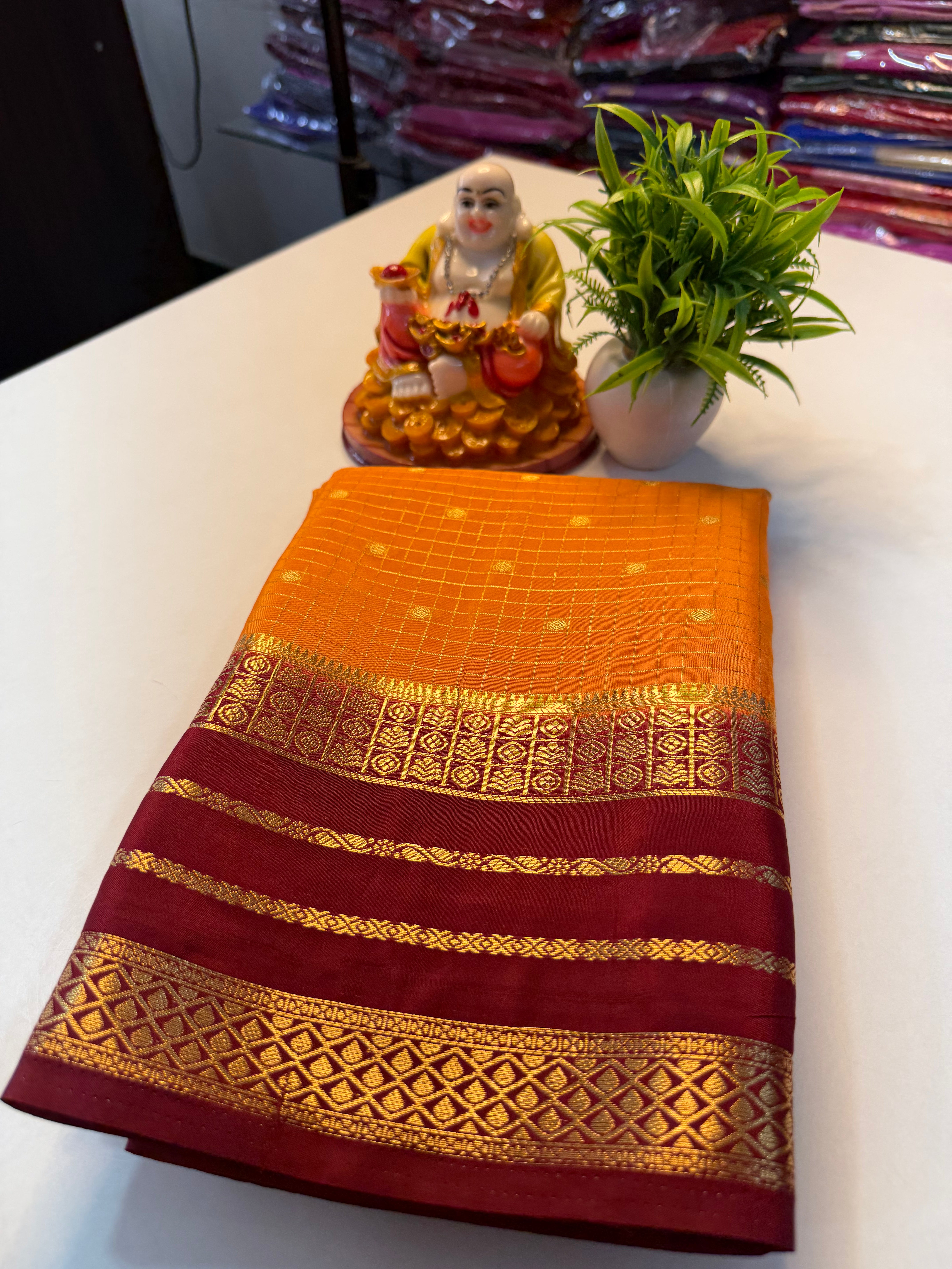 Premium Mysore Crape Silk Saree with Checks, Buttas & Rich Pallu…