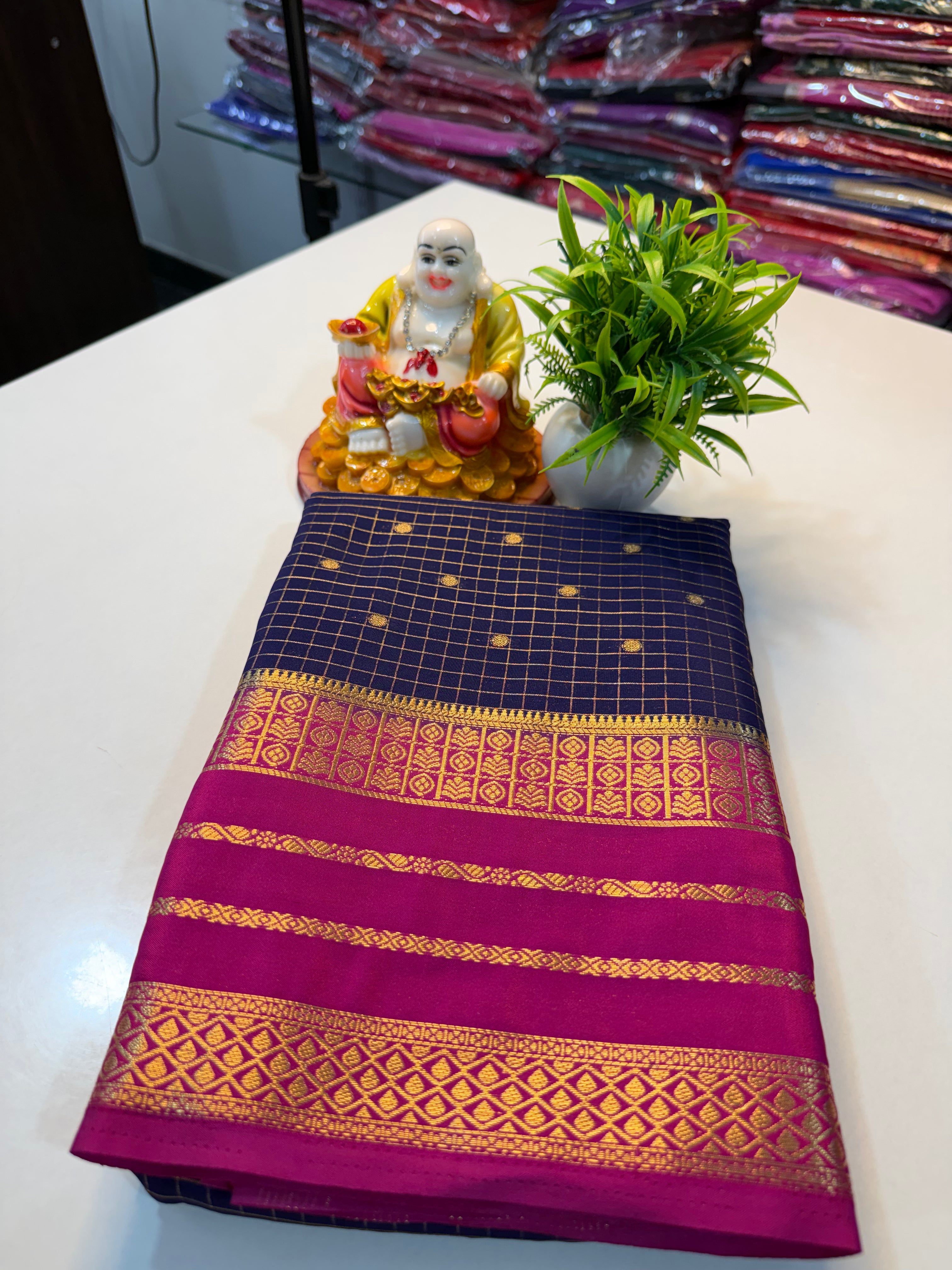 Premium Mysore Crape Silk Saree with Checks, Buttas & Rich Pallu…
