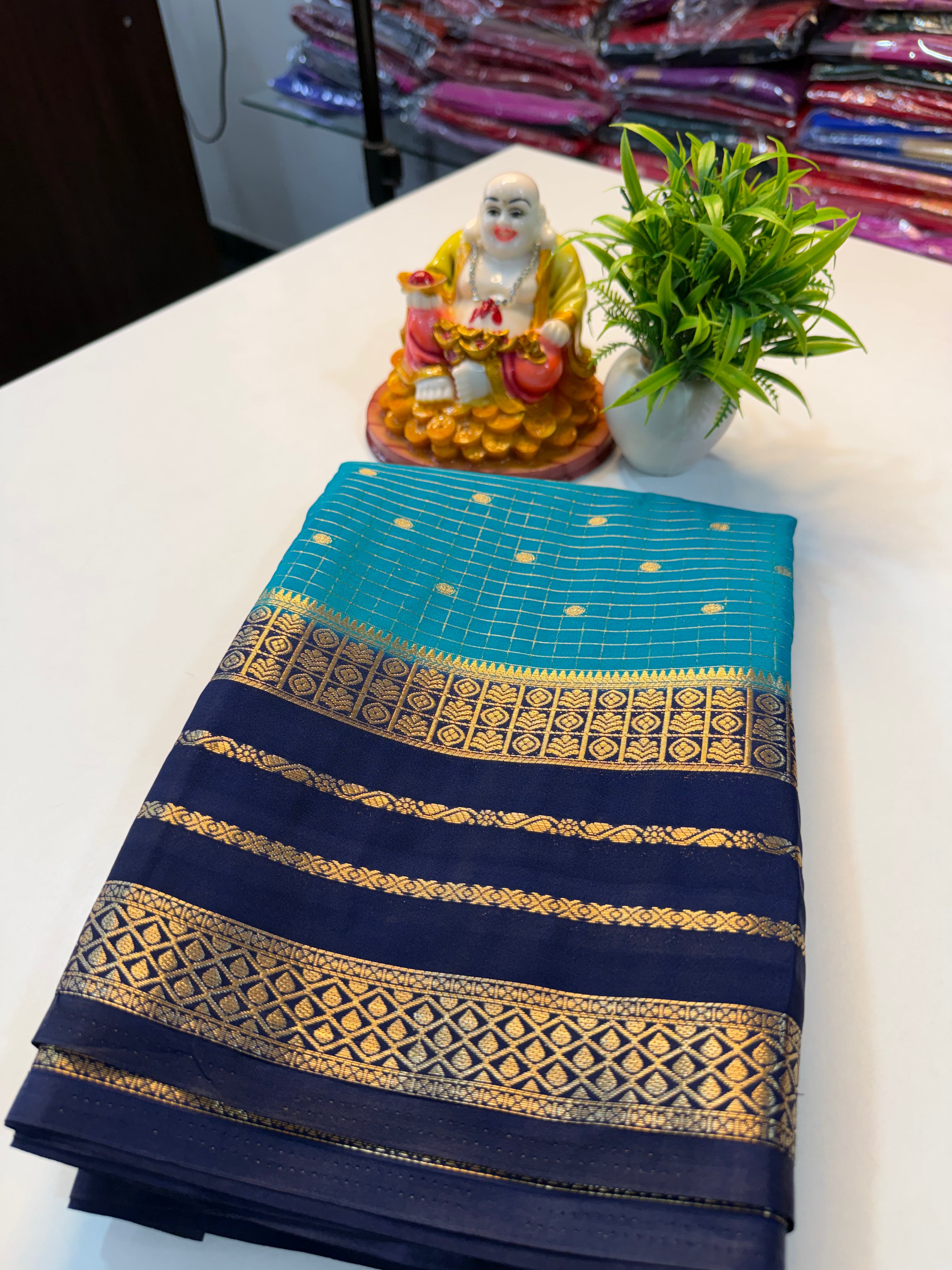 Premium Mysore Crape Silk Saree with Checks, Buttas & Rich Pallu…