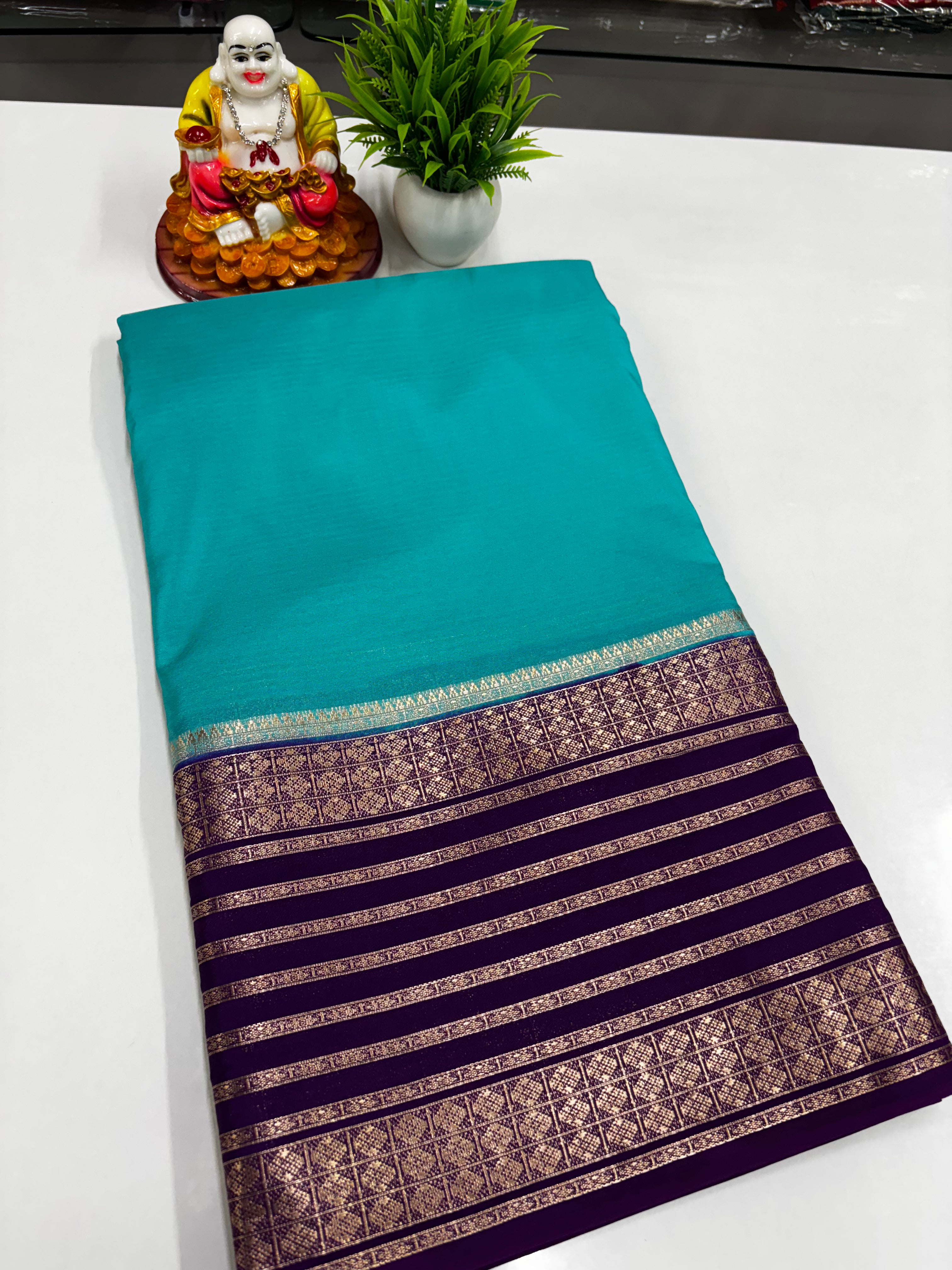 semi mysore silk saree with beautiful golden zari weaving with  rich pallu
