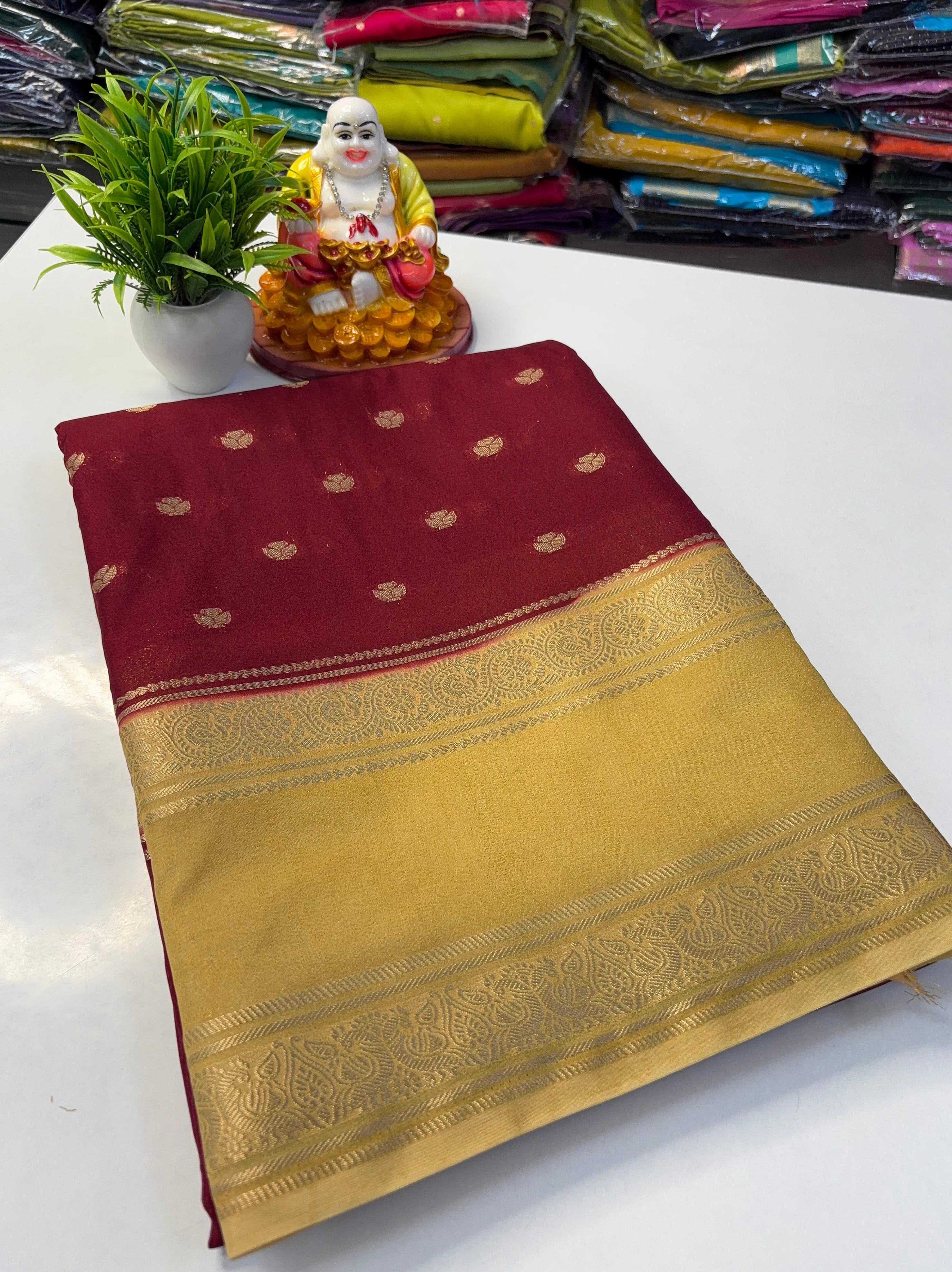 Beautiful Mysore Crepe Silk Saree with Rich Pallu & Elegant Buttas