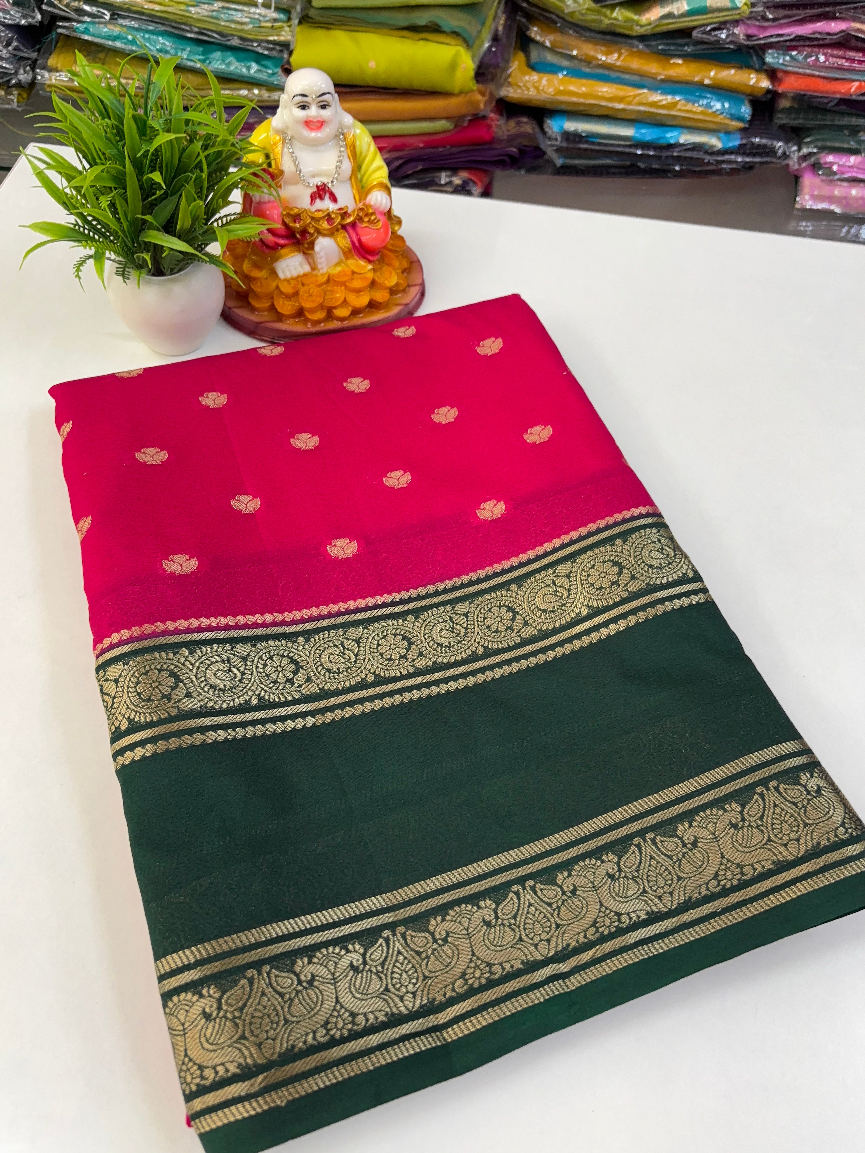 Beautiful Mysore Crepe Silk Saree with Rich Pallu & Elegant Buttas