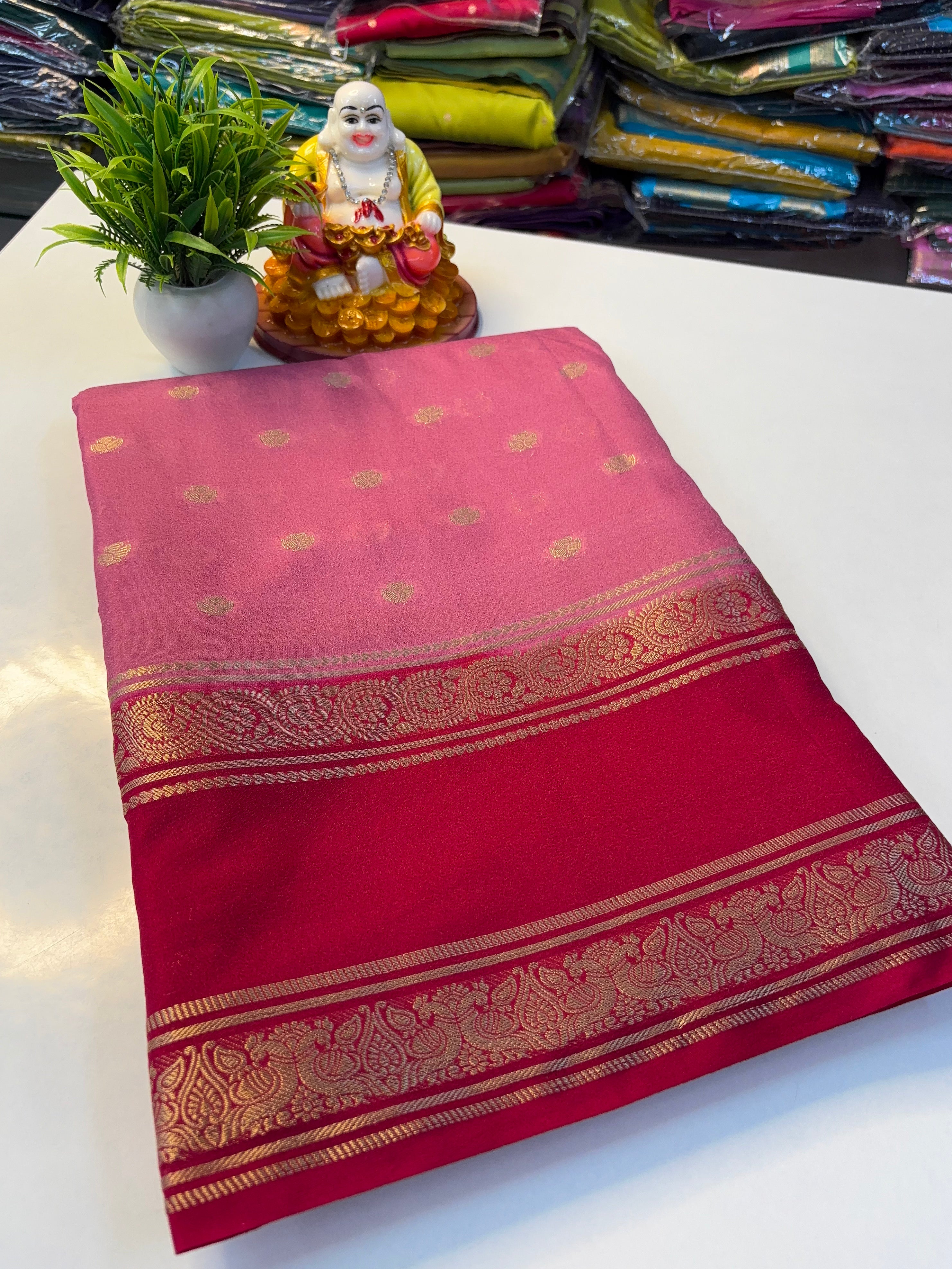 Beautiful Mysore Crepe Silk Saree with Rich Pallu & Elegant Buttas