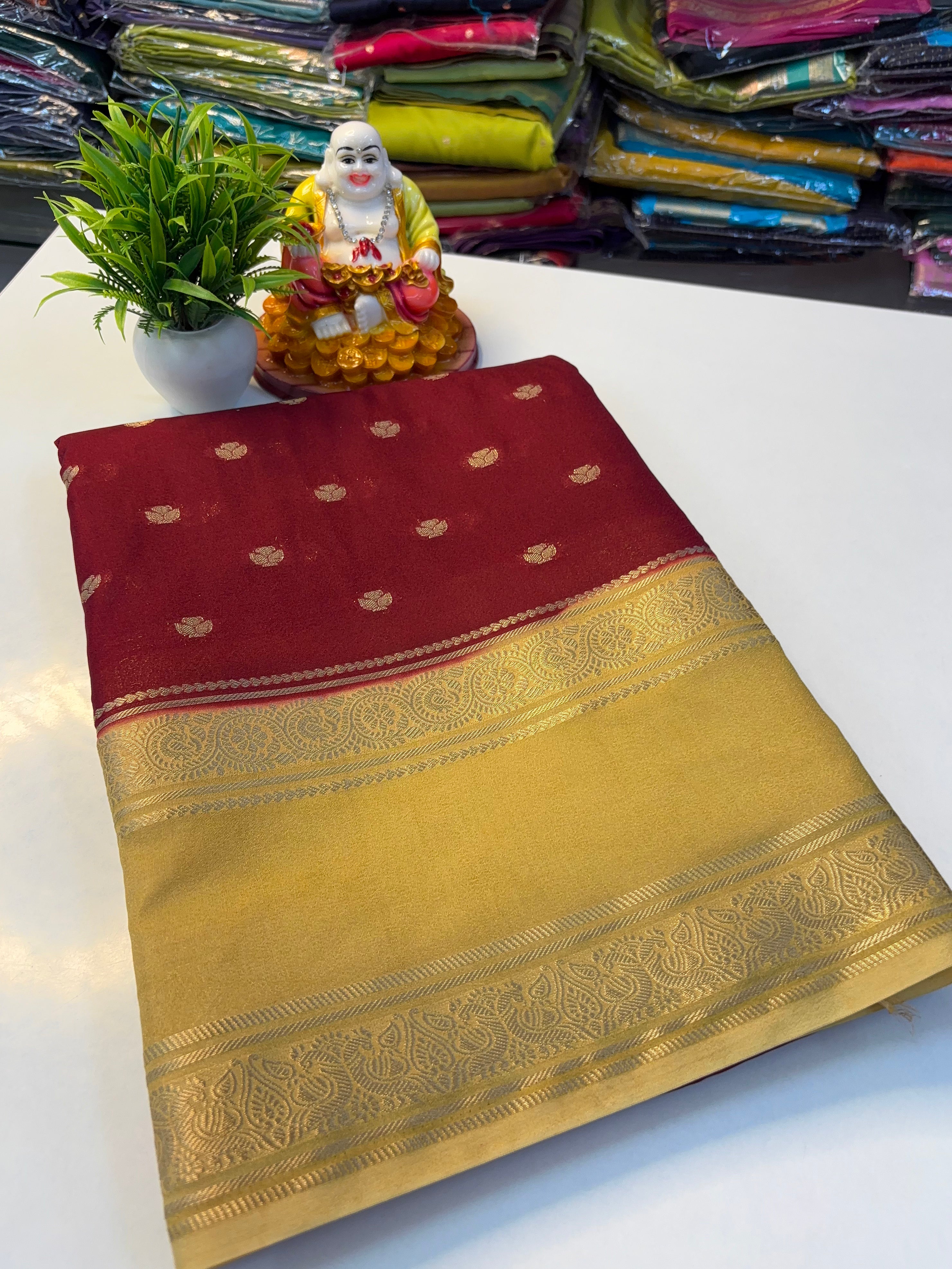 Beautiful Mysore Crepe Silk Saree with Rich Pallu & Elegant Buttas