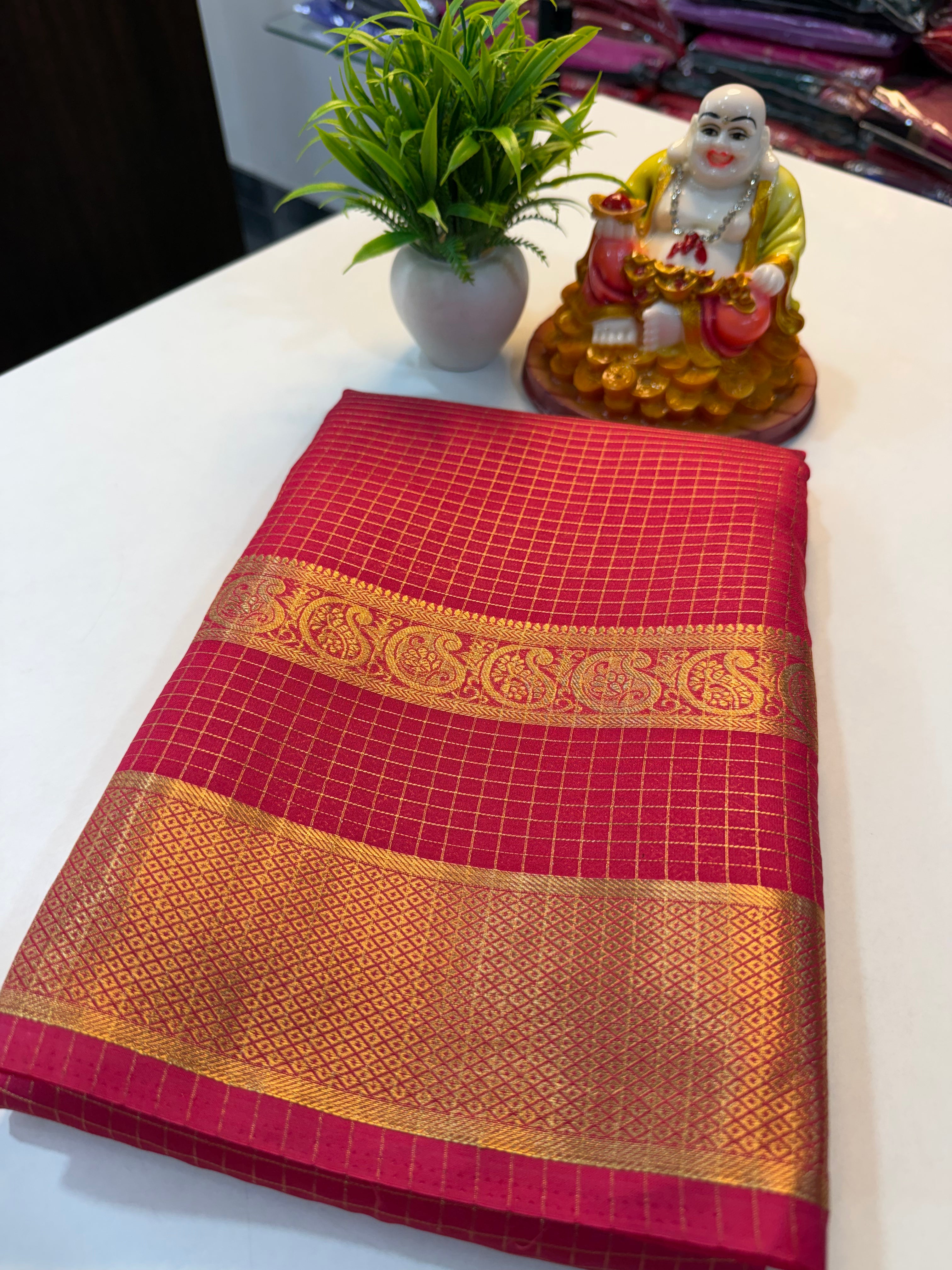 Premium Mysore Crape Silk Saree with Checks, Bentex Border & Rich Pallu….
