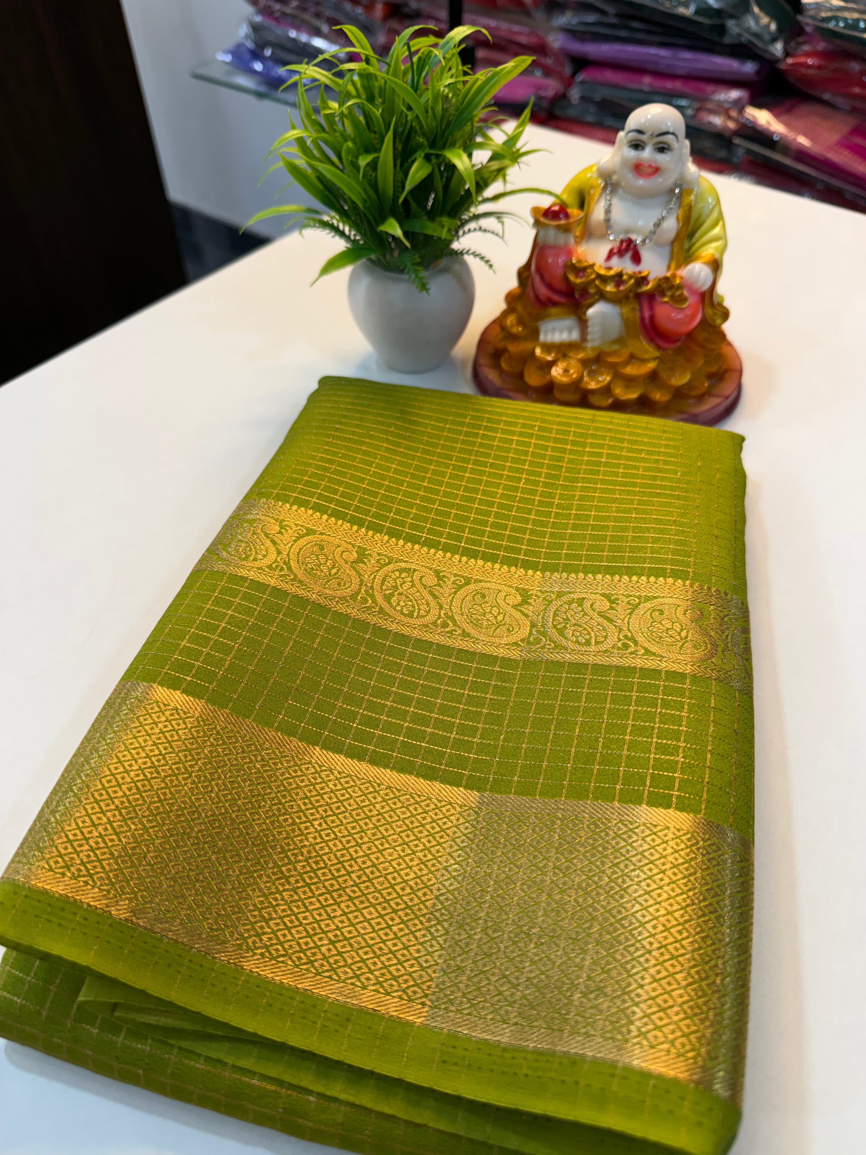 Premium Mysore Crape Silk Saree with Checks, Bentex Border & Rich Pallu….