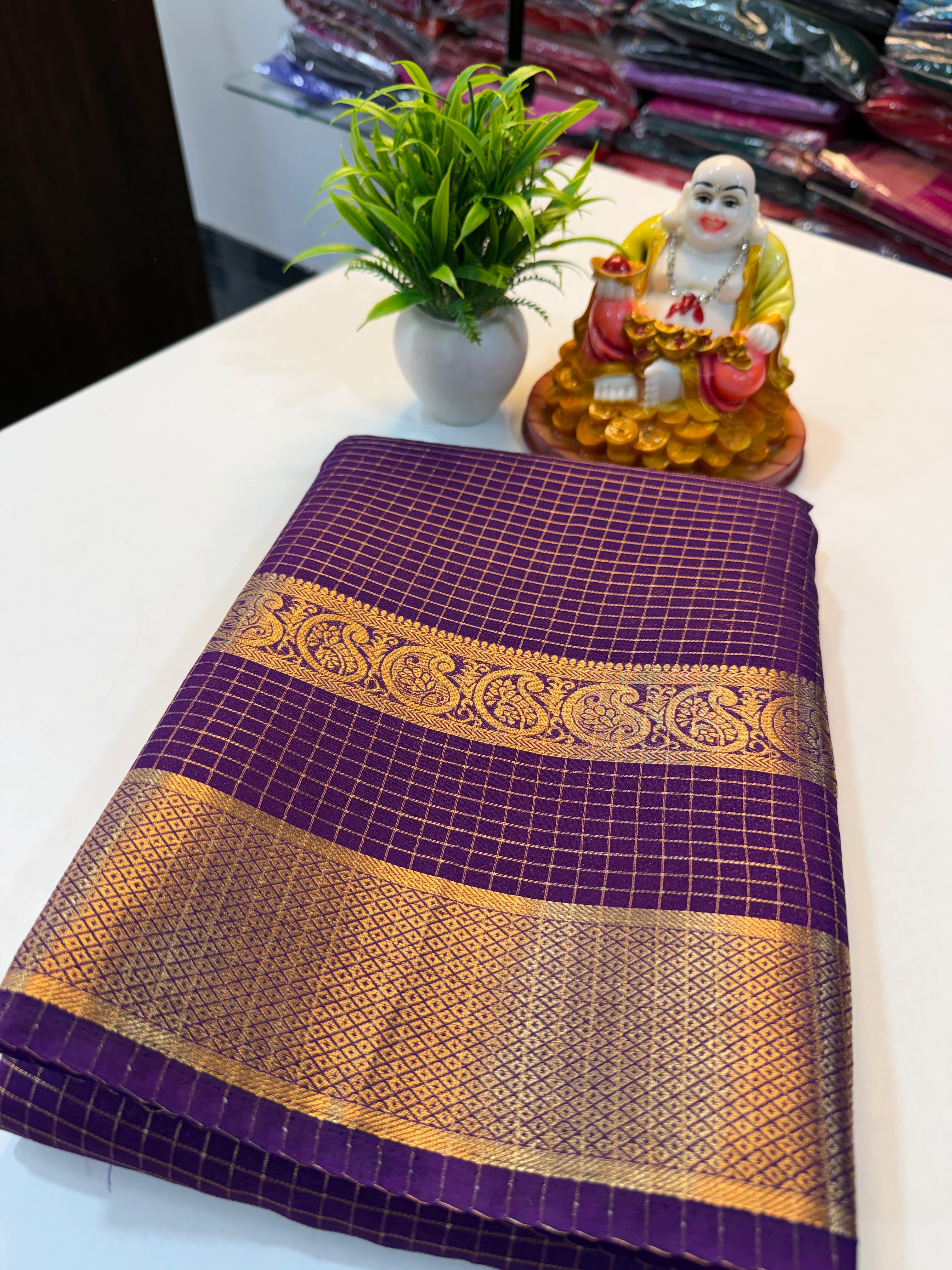 Premium Mysore Crape Silk Saree with Checks, Bentex Border & Rich Pallu….