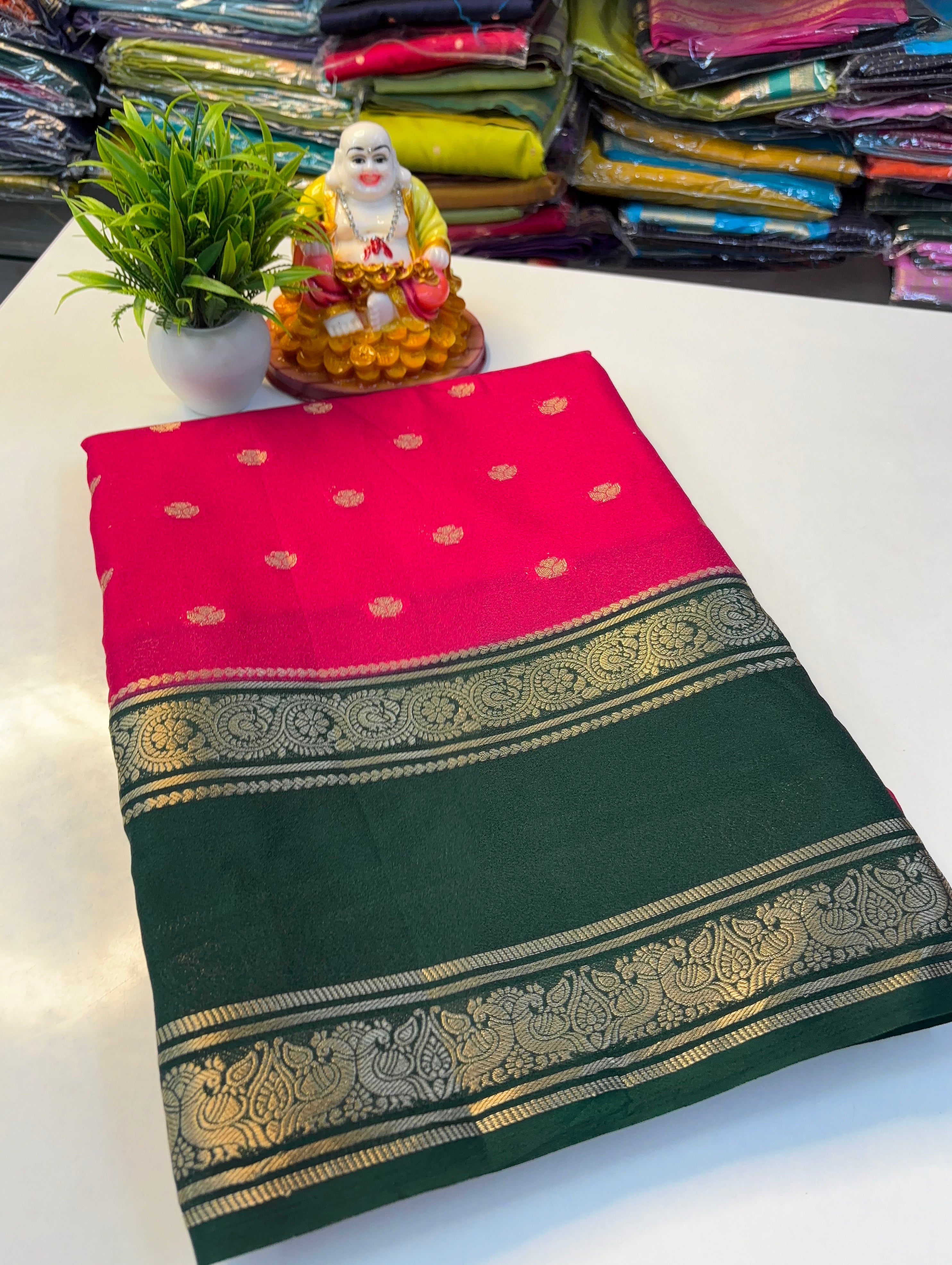 Beautiful Mysore Crepe Silk Saree with Rich Pallu & Elegant Buttas
