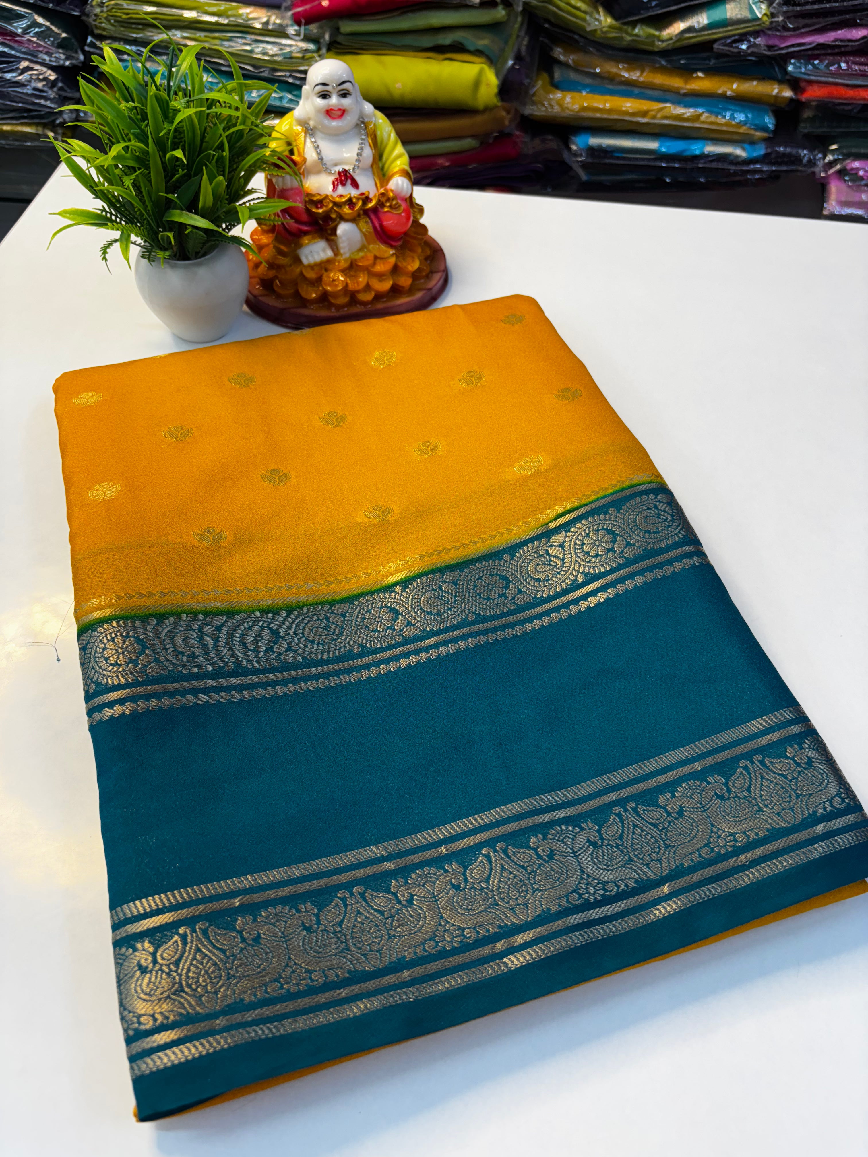Beautiful Mysore Crepe Silk Saree with Rich Pallu & Elegant Buttas