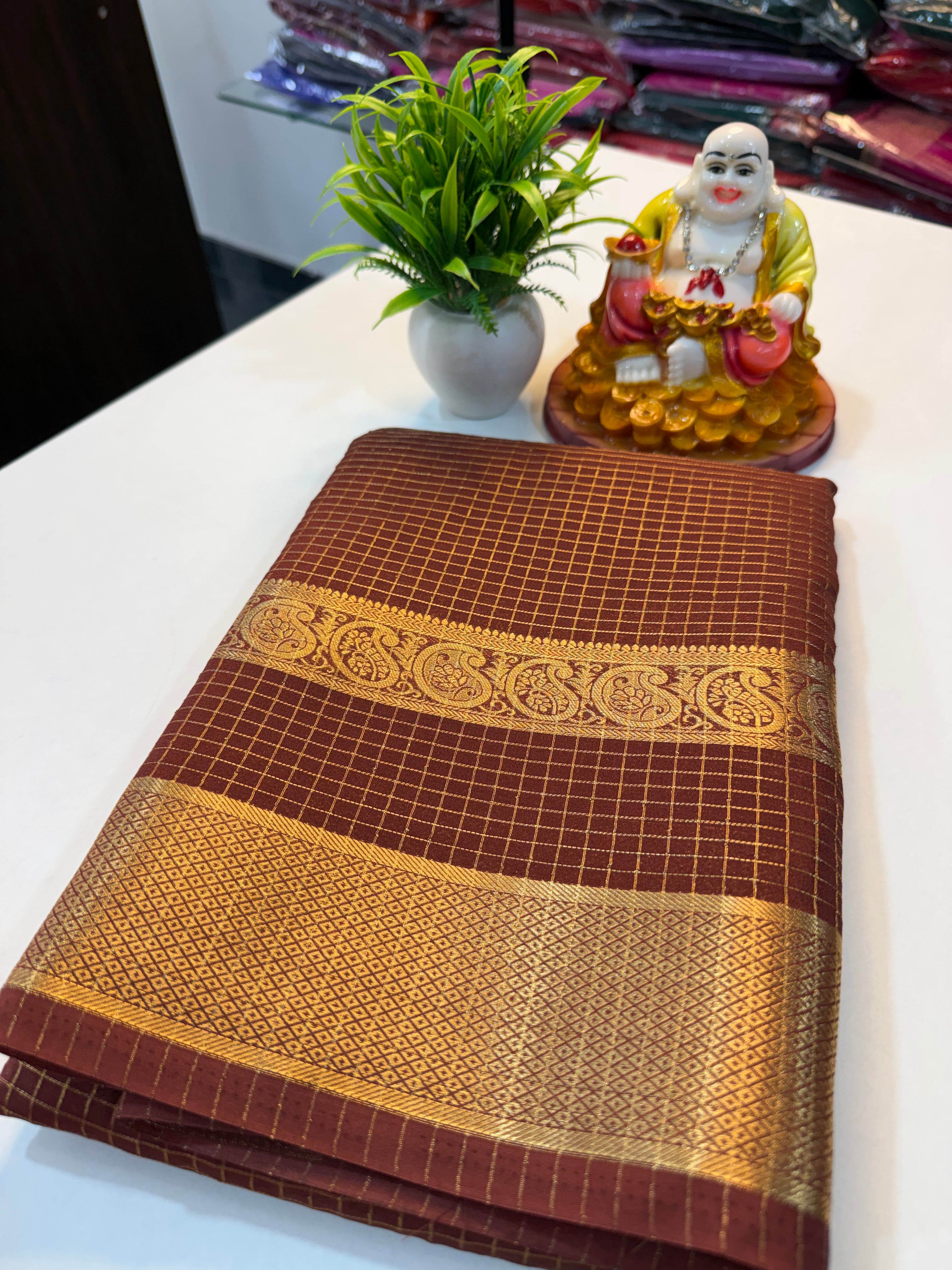 Premium Mysore Crape Silk Saree with Checks, Bentex Border & Rich Pallu….