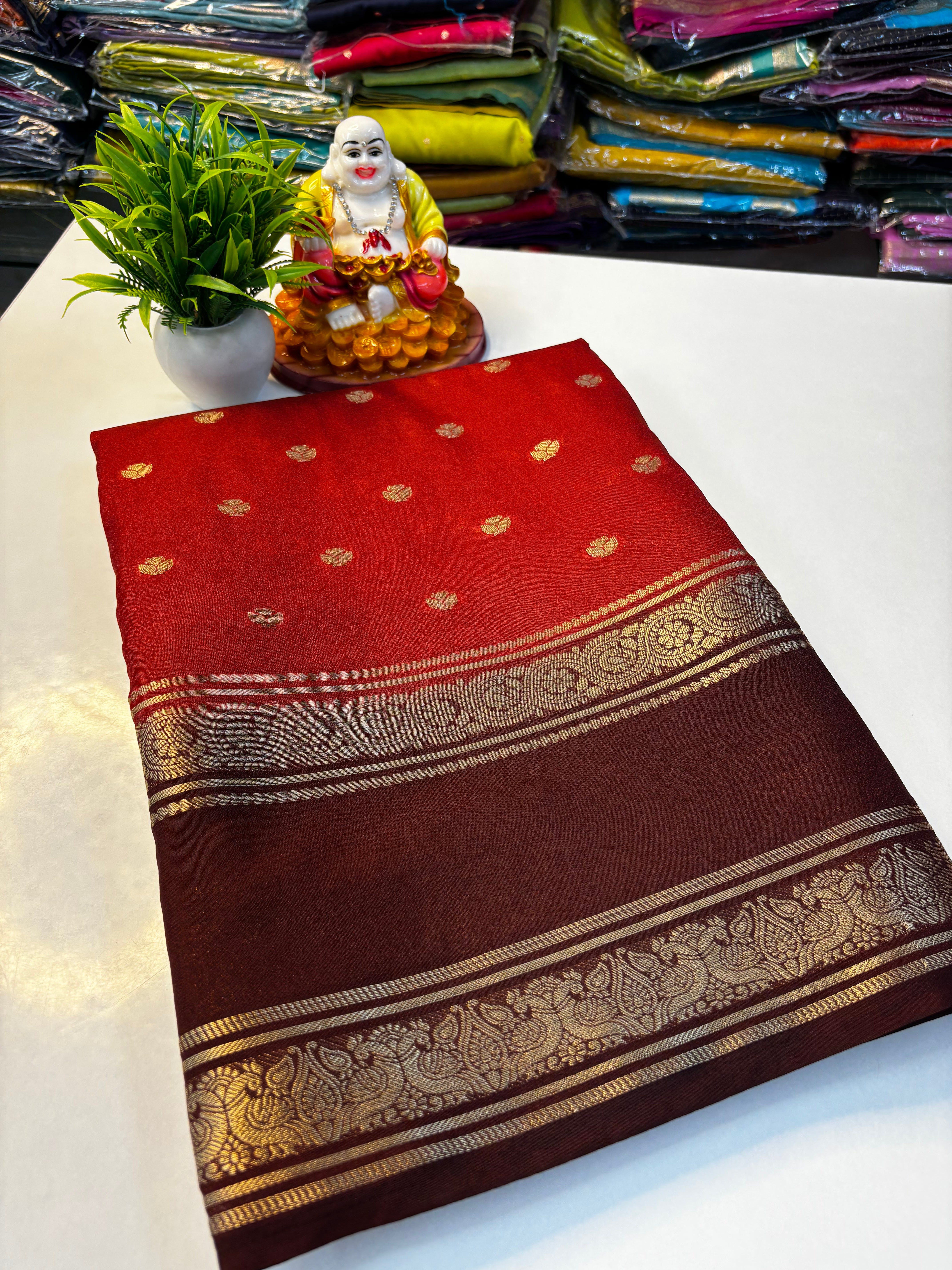 Beautiful Mysore Crepe Silk Saree with Rich Pallu & Elegant Buttas