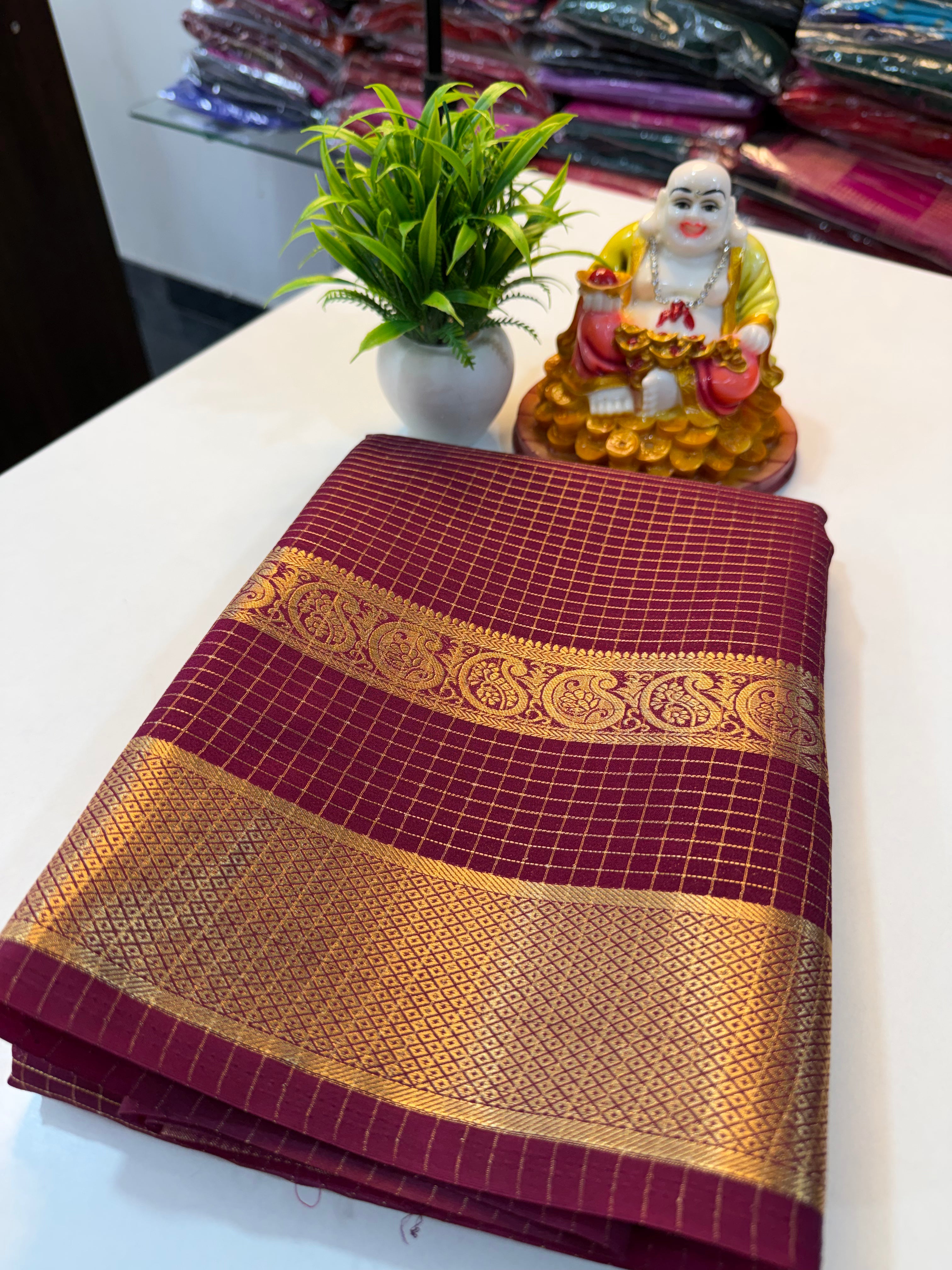 Premium Mysore Crape Silk Saree with Checks, Bentex Border & Rich Pallu….