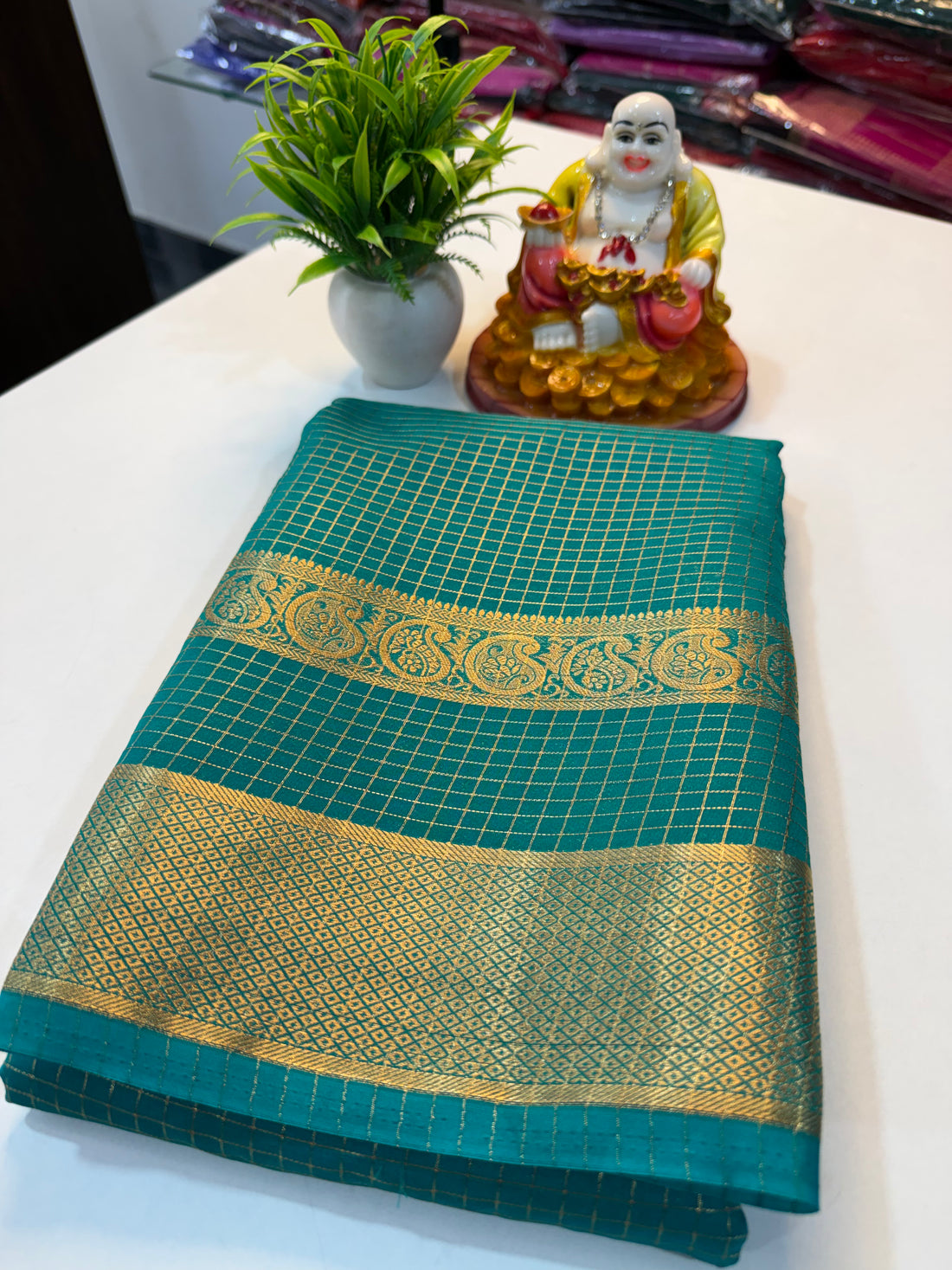 Premium Mysore Crape Silk Saree with Checks, Bentex Border & Rich Pallu….