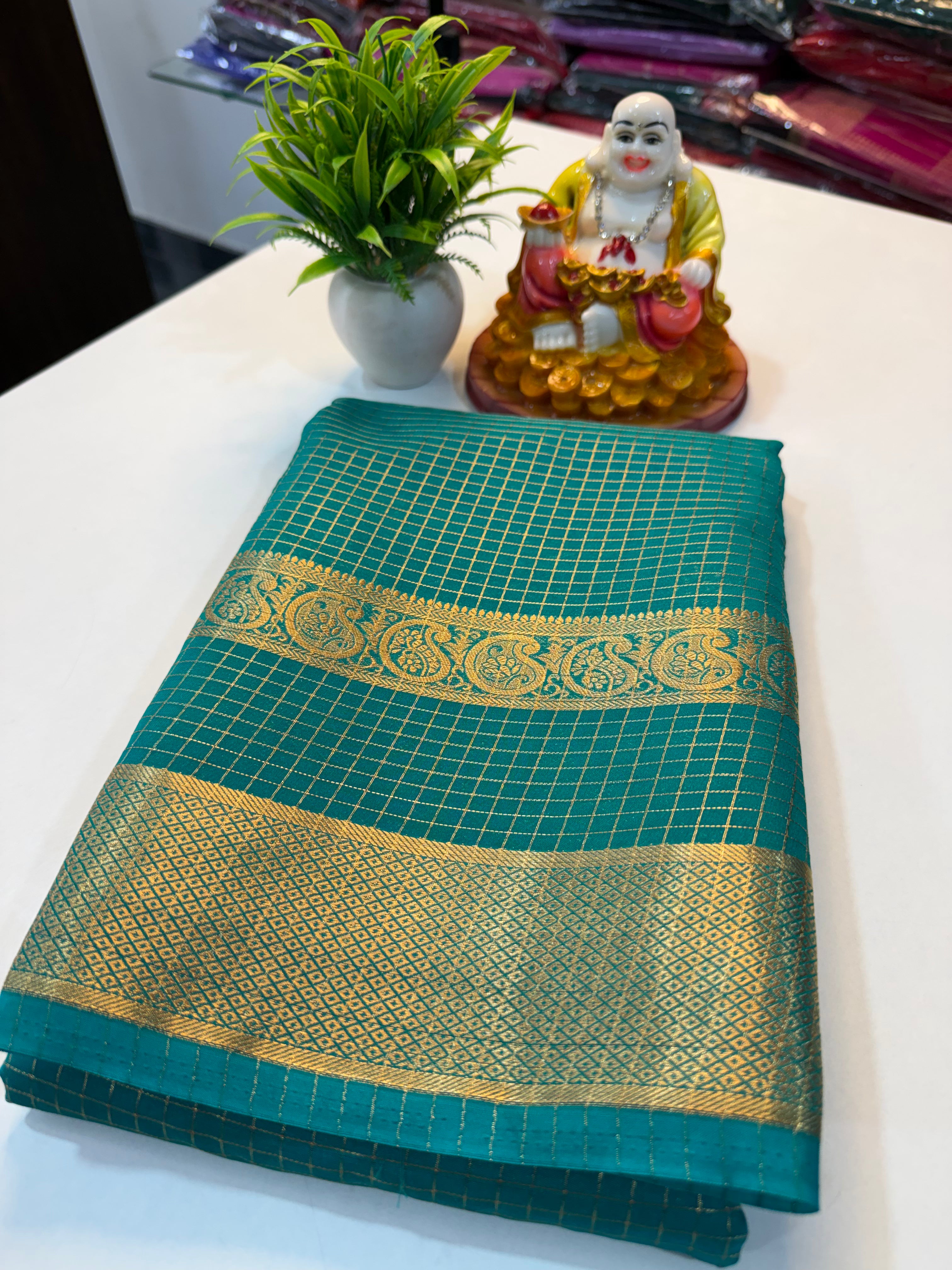 Premium Mysore Crape Silk Saree with Checks, Bentex Border & Rich Pallu….
