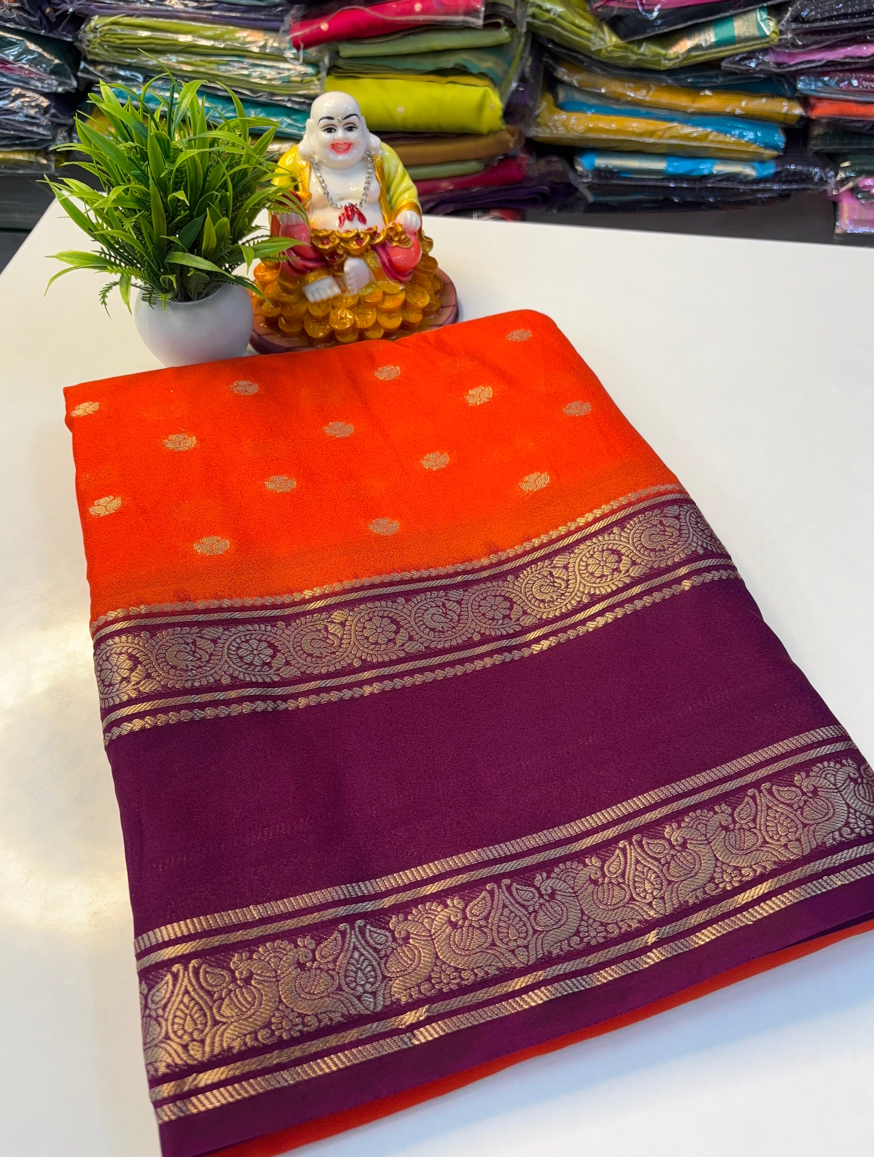 Beautiful Mysore Crepe Silk Saree with Rich Pallu & Elegant Buttas