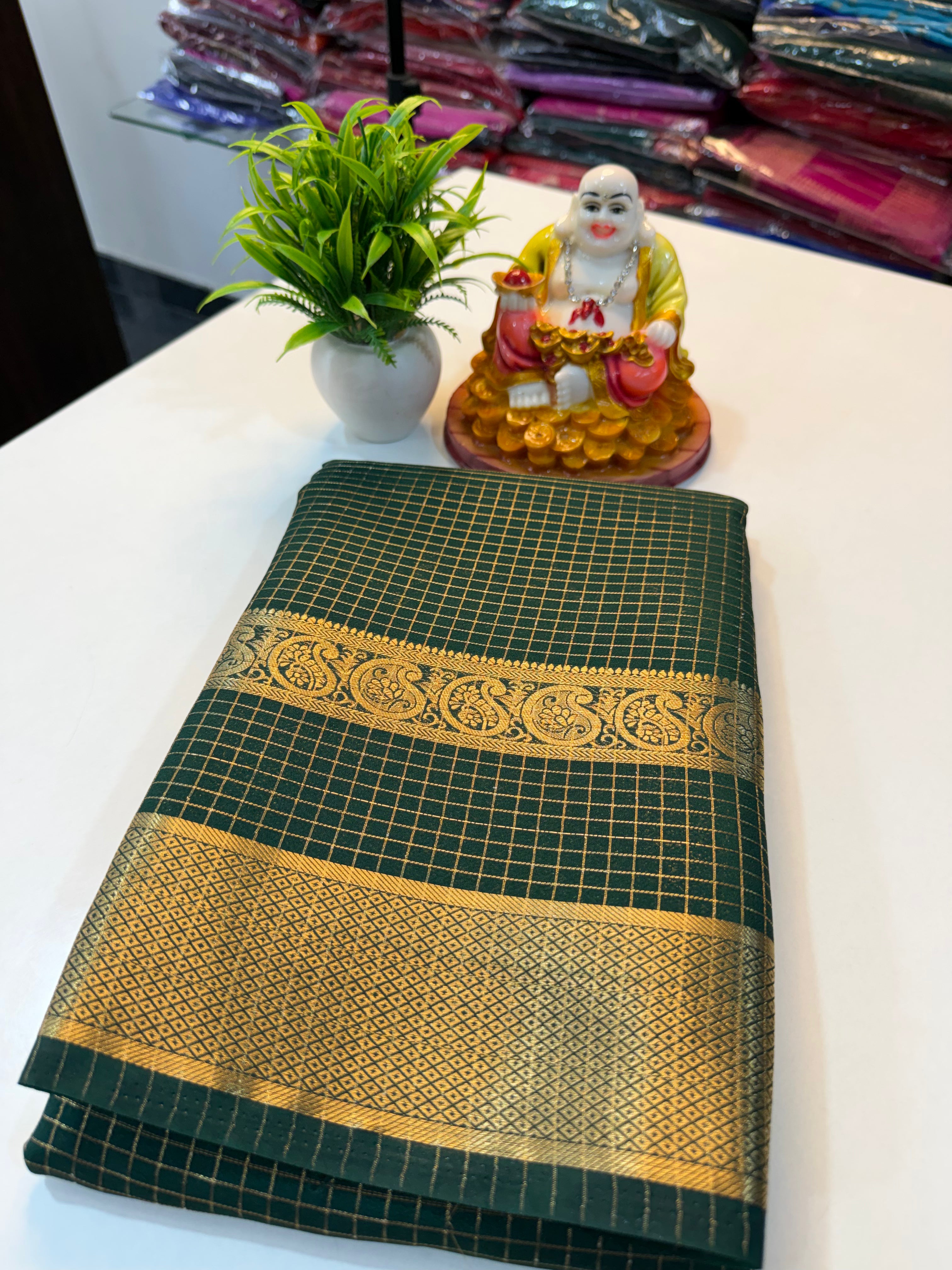 Premium Mysore Crape Silk Saree with Checks, Bentex Border & Rich Pallu….
