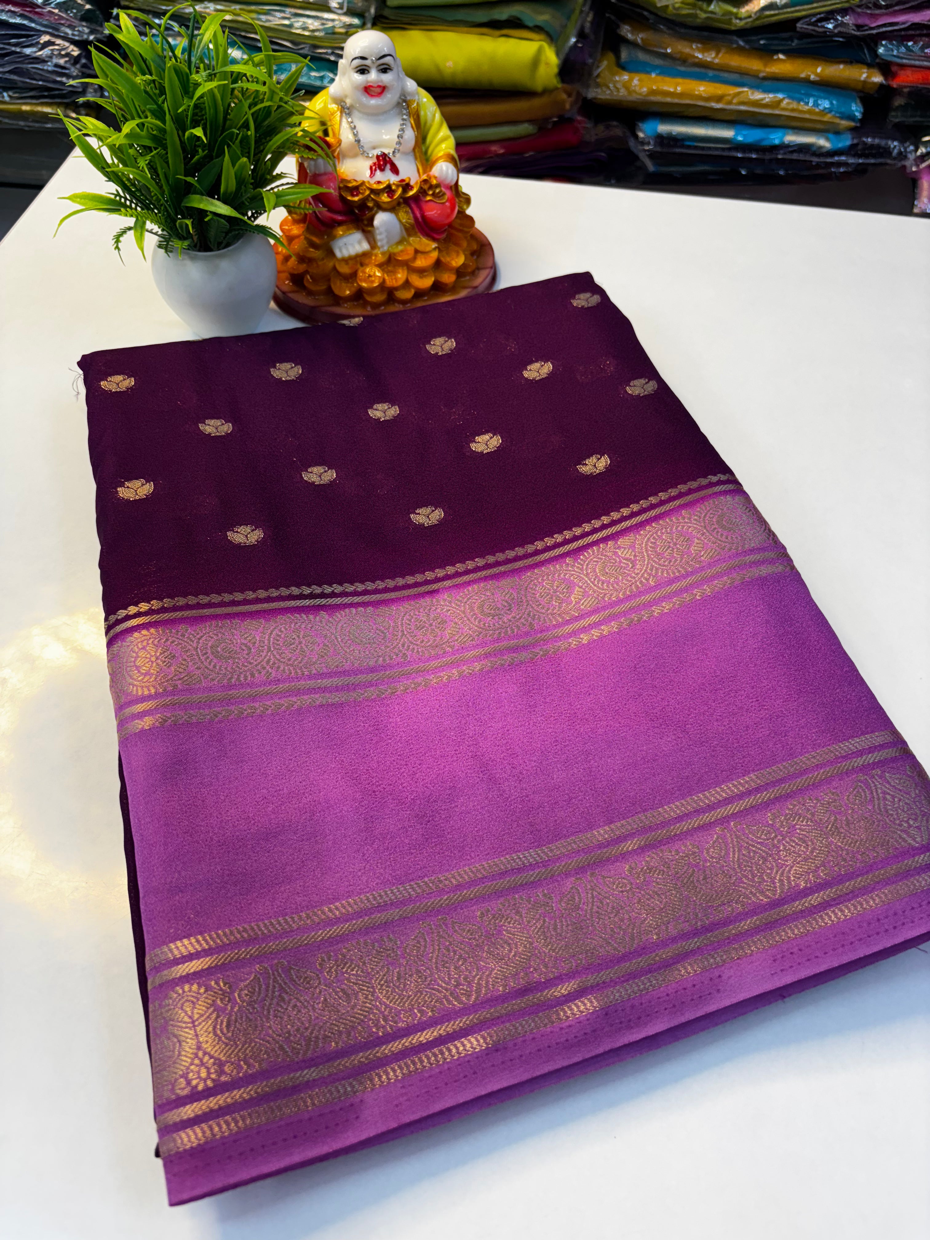 Beautiful Mysore Crepe Silk Saree with Rich Pallu & Elegant Buttas