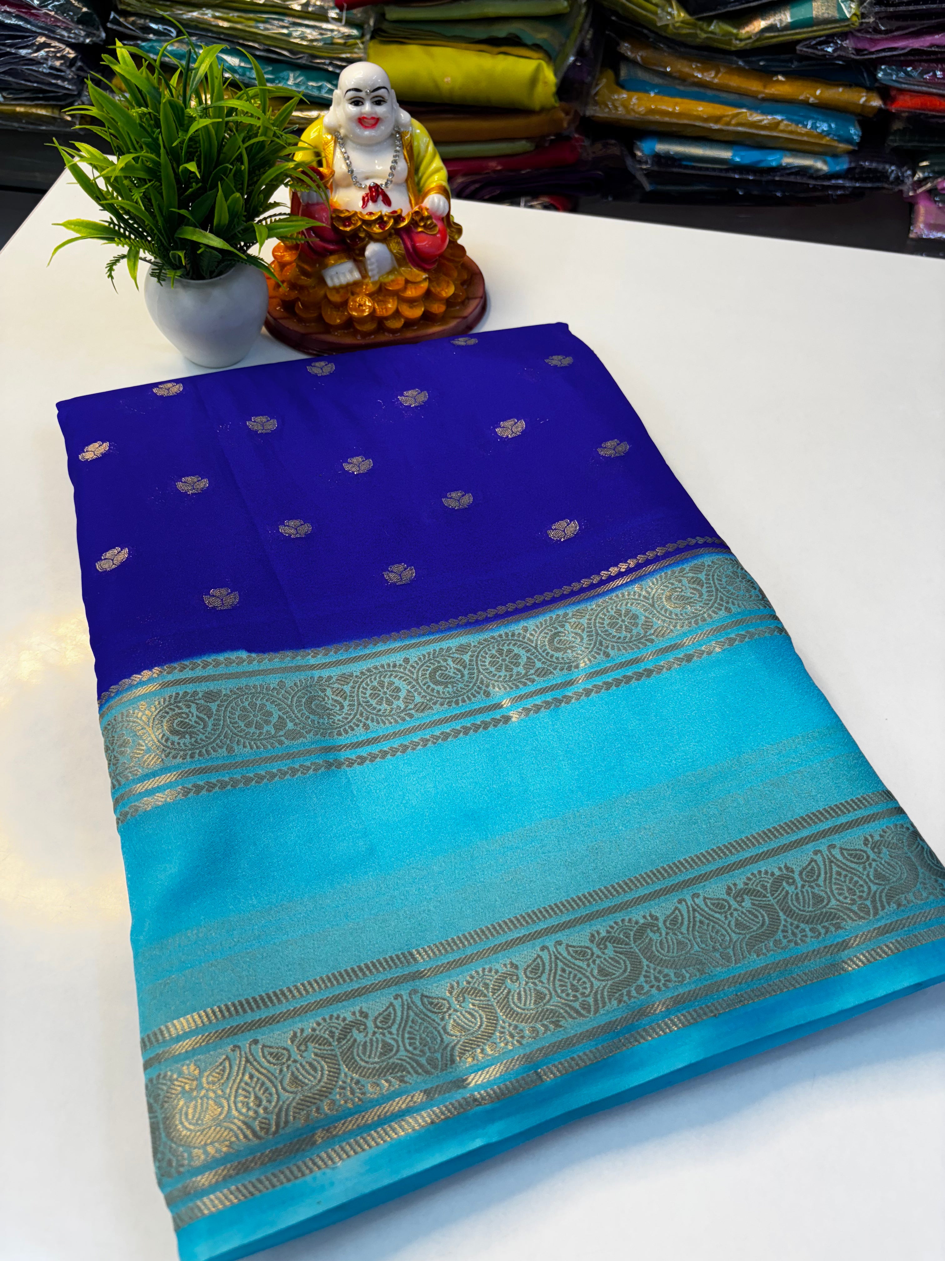 Beautiful Mysore Crepe Silk Saree with Rich Pallu & Elegant Buttas