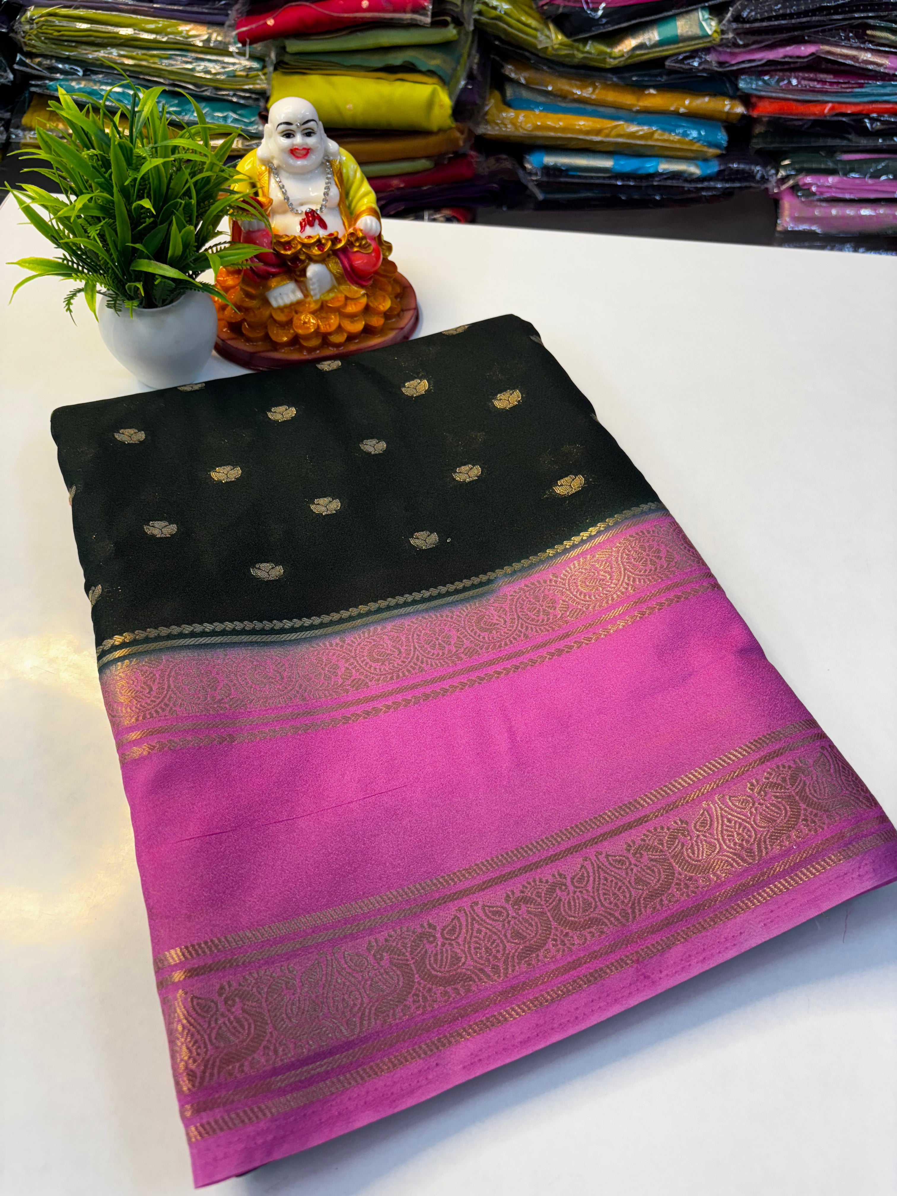 Beautiful Mysore Crepe Silk Saree with Rich Pallu & Elegant Buttas