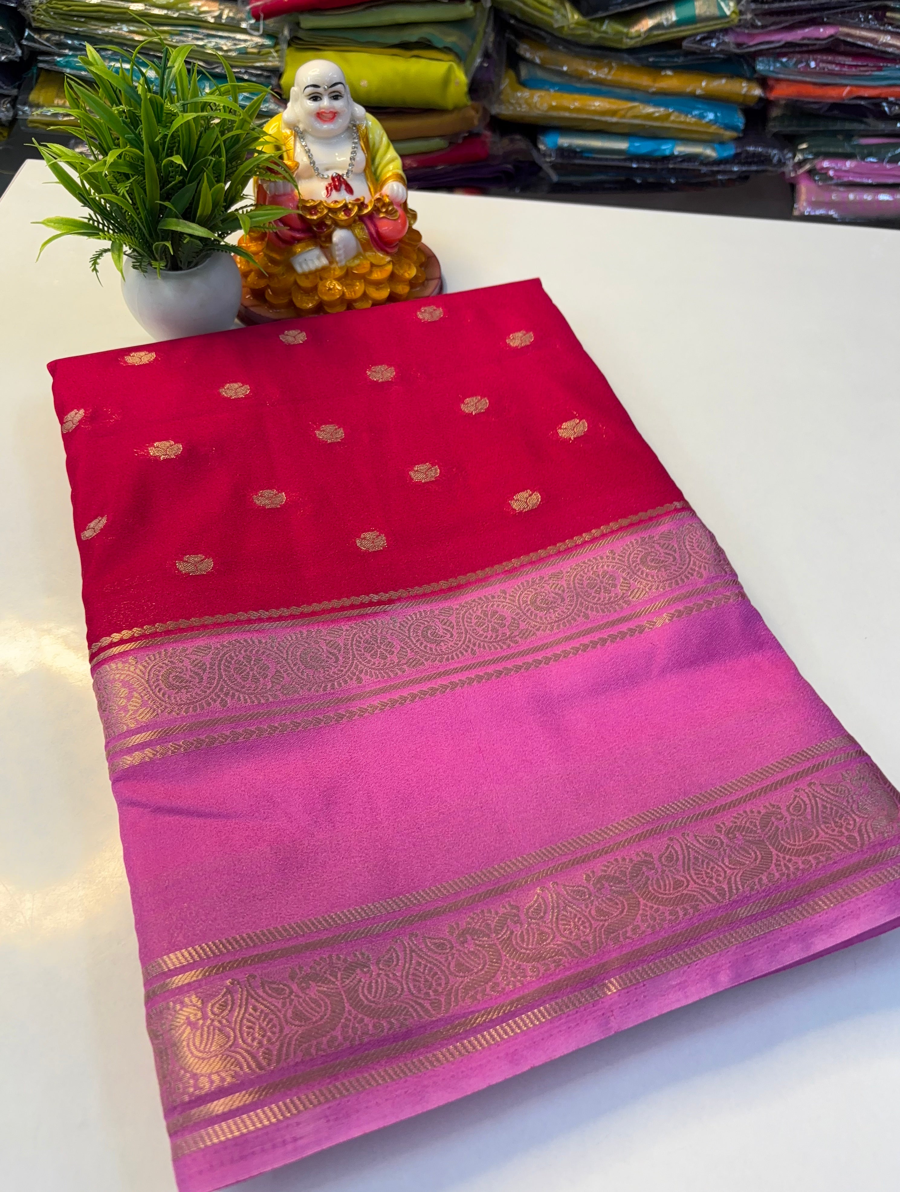 Beautiful Mysore Crepe Silk Saree with Rich Pallu & Elegant Buttas