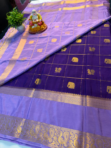Premium Mysore Crape Silk Saree with Checks, Peacock & Elephant Buttas with Chit Pallu | Padmavathi Silks and Sarees…