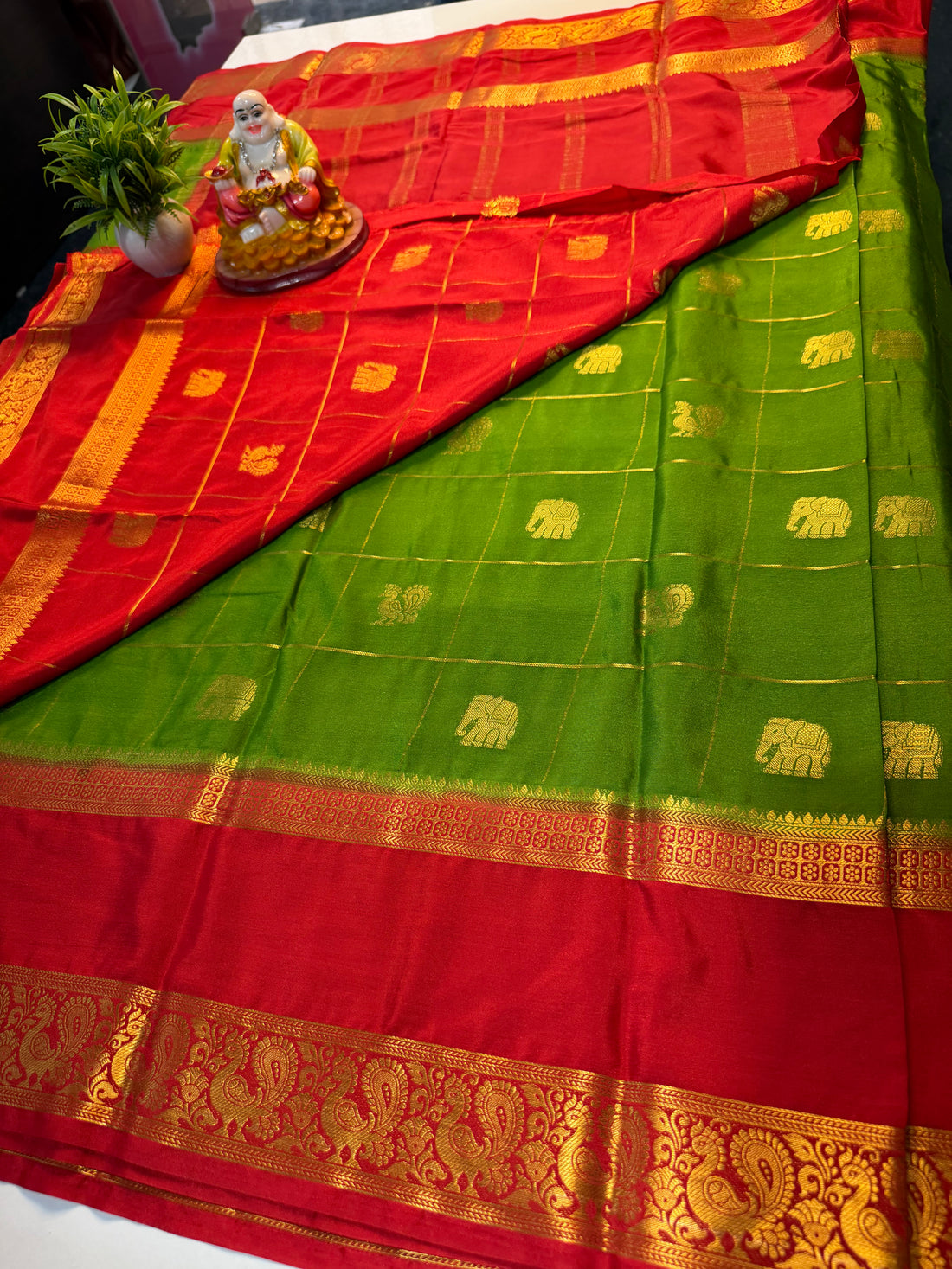 Premium Mysore Crape Silk Saree with Checks, Peacock & Elephant Buttas with Chit Pallu | Padmavathi Silks and Sarees…