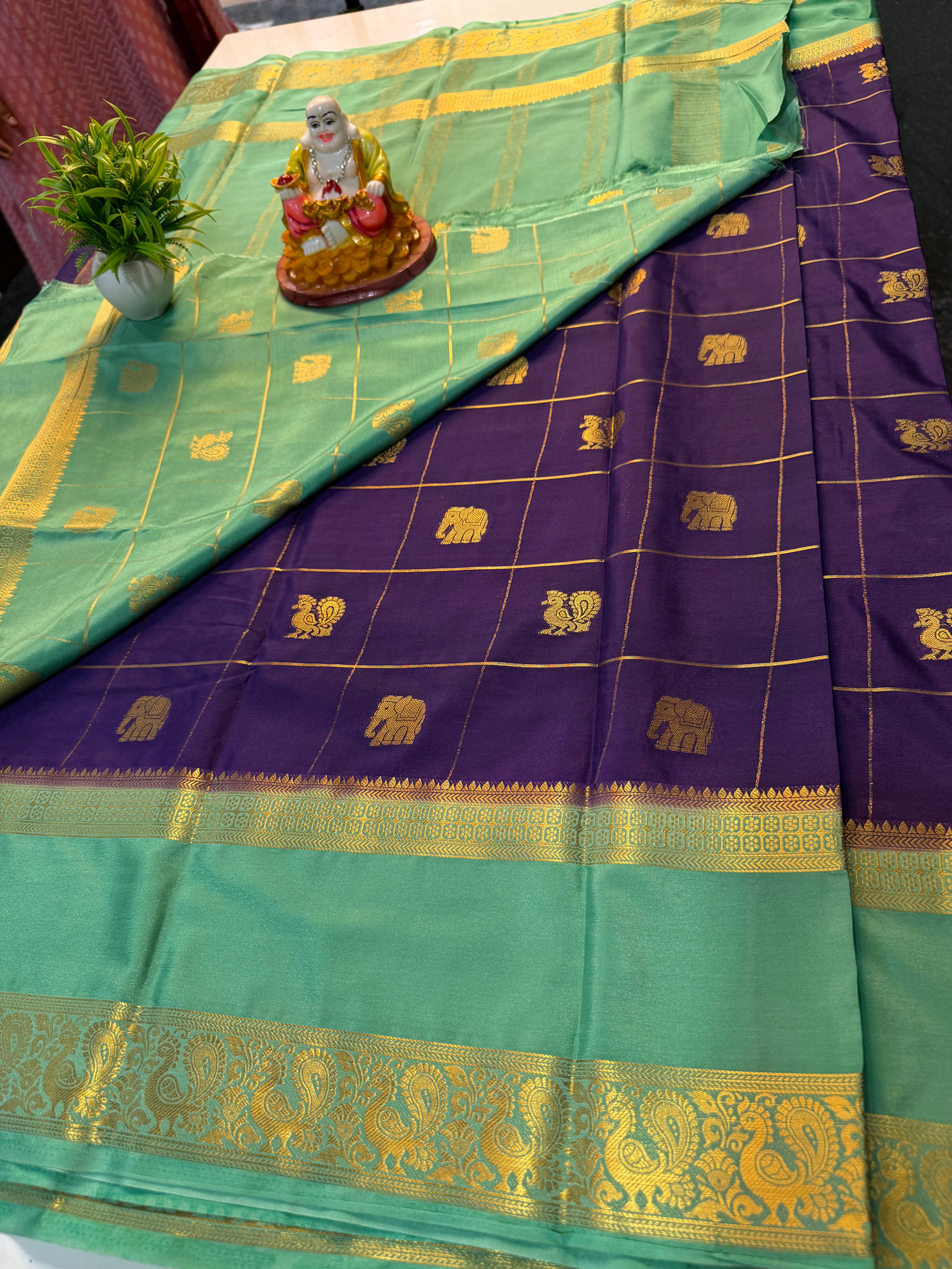 Premium Mysore Crape Silk Saree with Checks, Peacock & Elephant Buttas with Chit Pallu | Padmavathi Silks and Sarees…