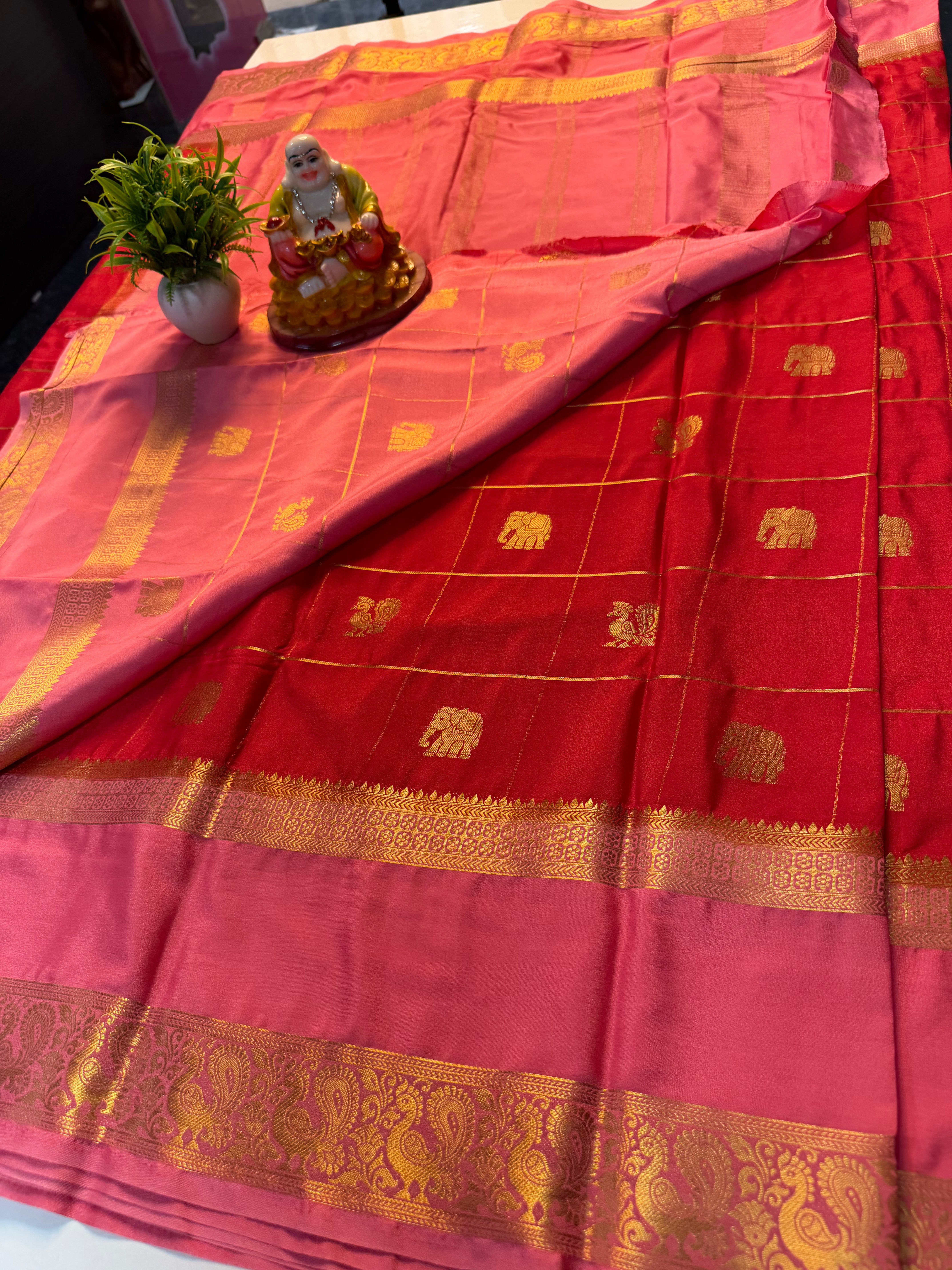 Premium Mysore Crape Silk Saree with Checks, Peacock & Elephant Buttas with Chit Pallu | Padmavathi Silks and Sarees…