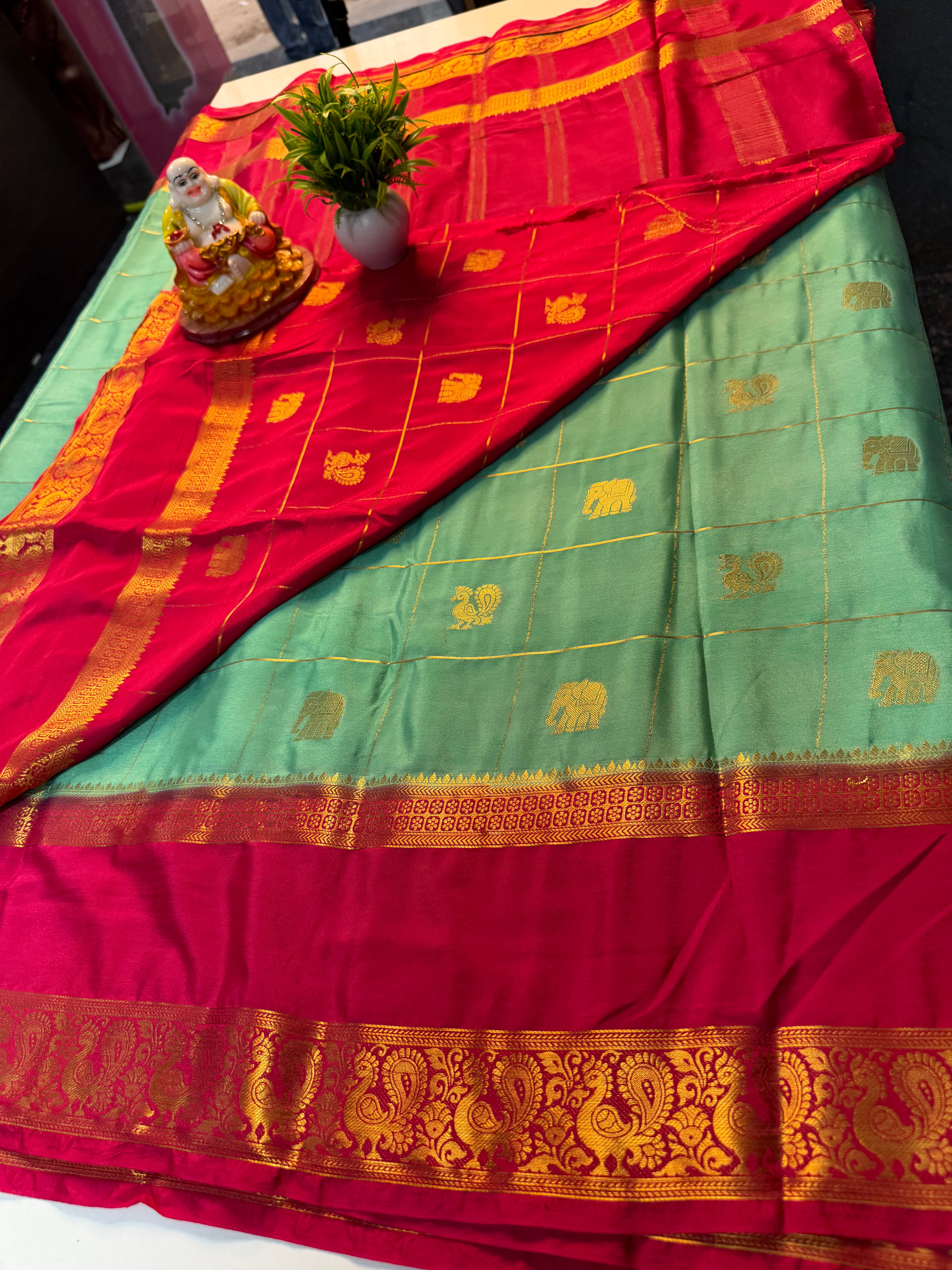 Premium Mysore Crape Silk Saree with Checks, Peacock & Elephant Buttas with Chit Pallu | Padmavathi Silks and Sarees…