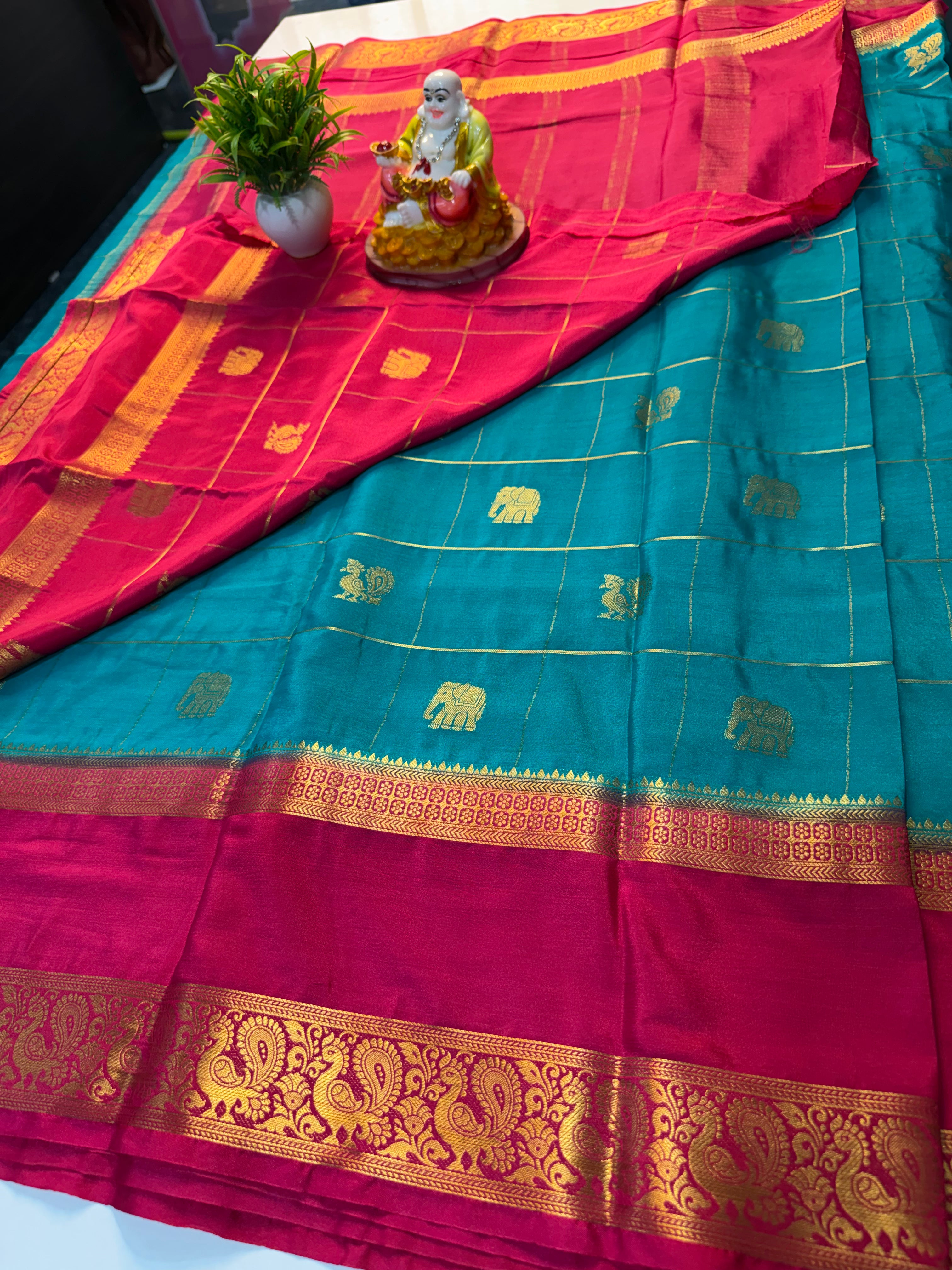 Premium Mysore Crape Silk Saree with Checks, Peacock & Elephant Buttas with Chit Pallu | Padmavathi Silks and Sarees…