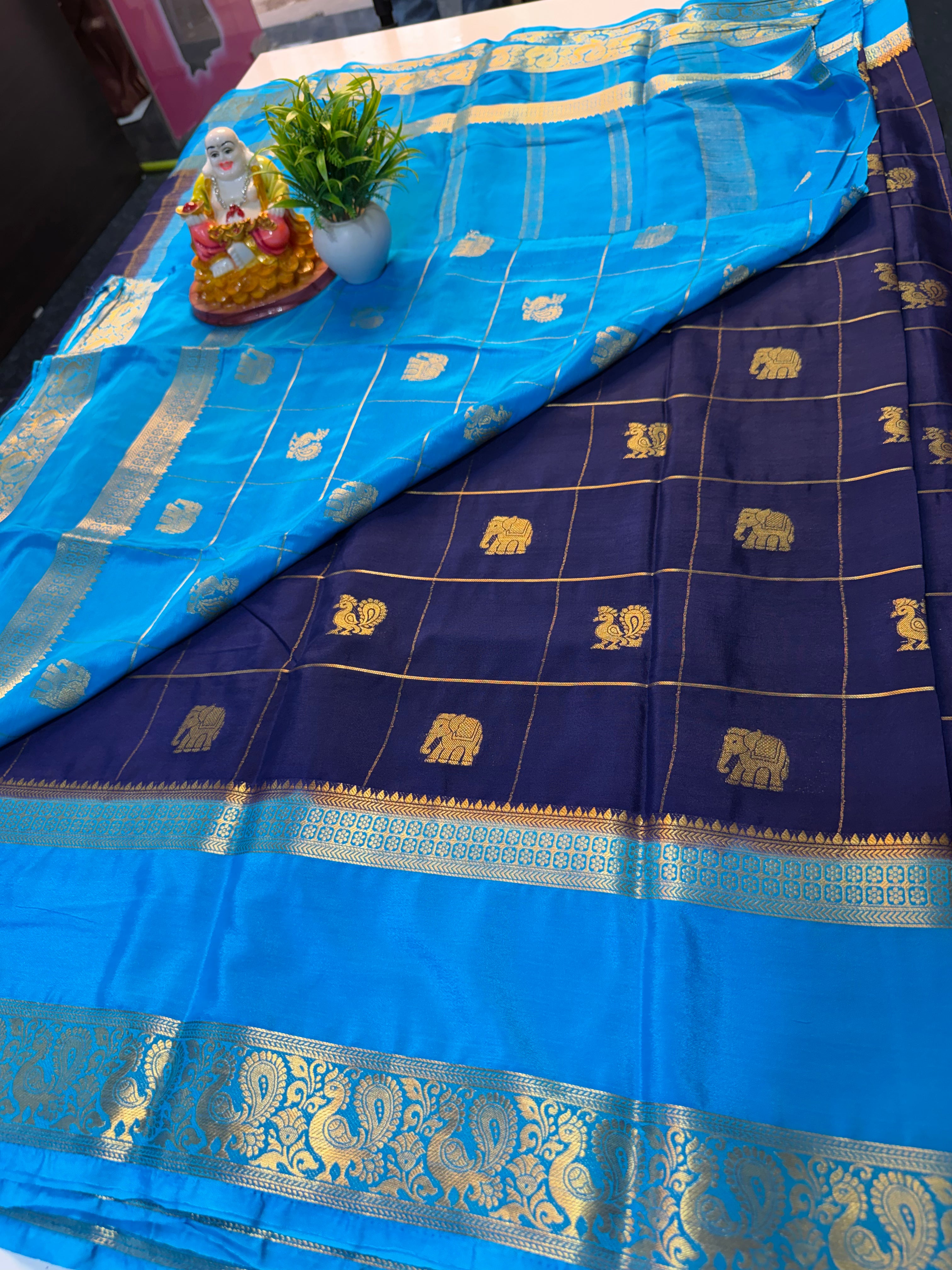 Premium Mysore Crape Silk Saree with Checks, Peacock & Elephant Buttas with Chit Pallu | Padmavathi Silks and Sarees…