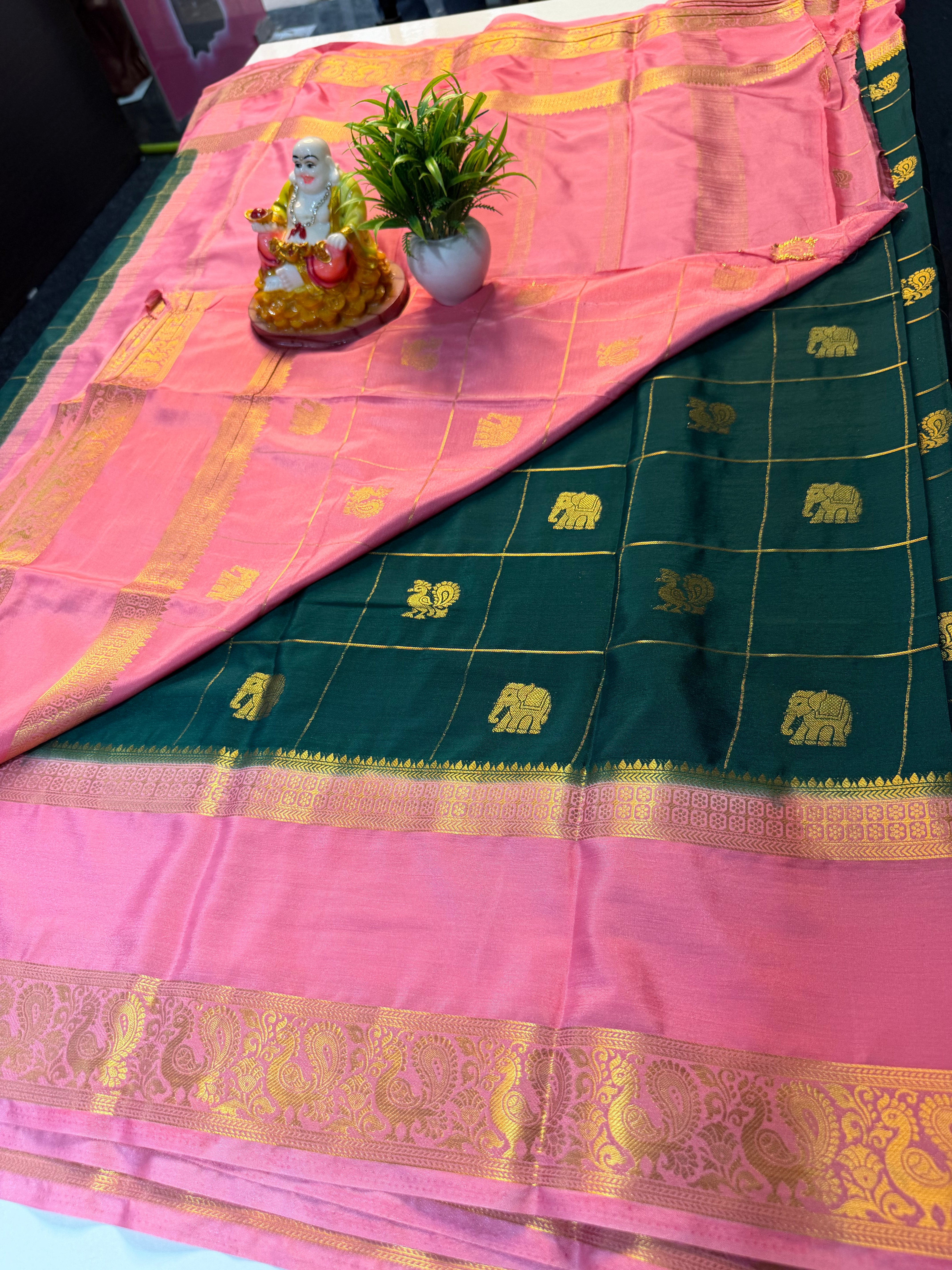 Premium Mysore Crape Silk Saree with Checks, Peacock & Elephant Buttas with Chit Pallu | Padmavathi Silks and Sarees…