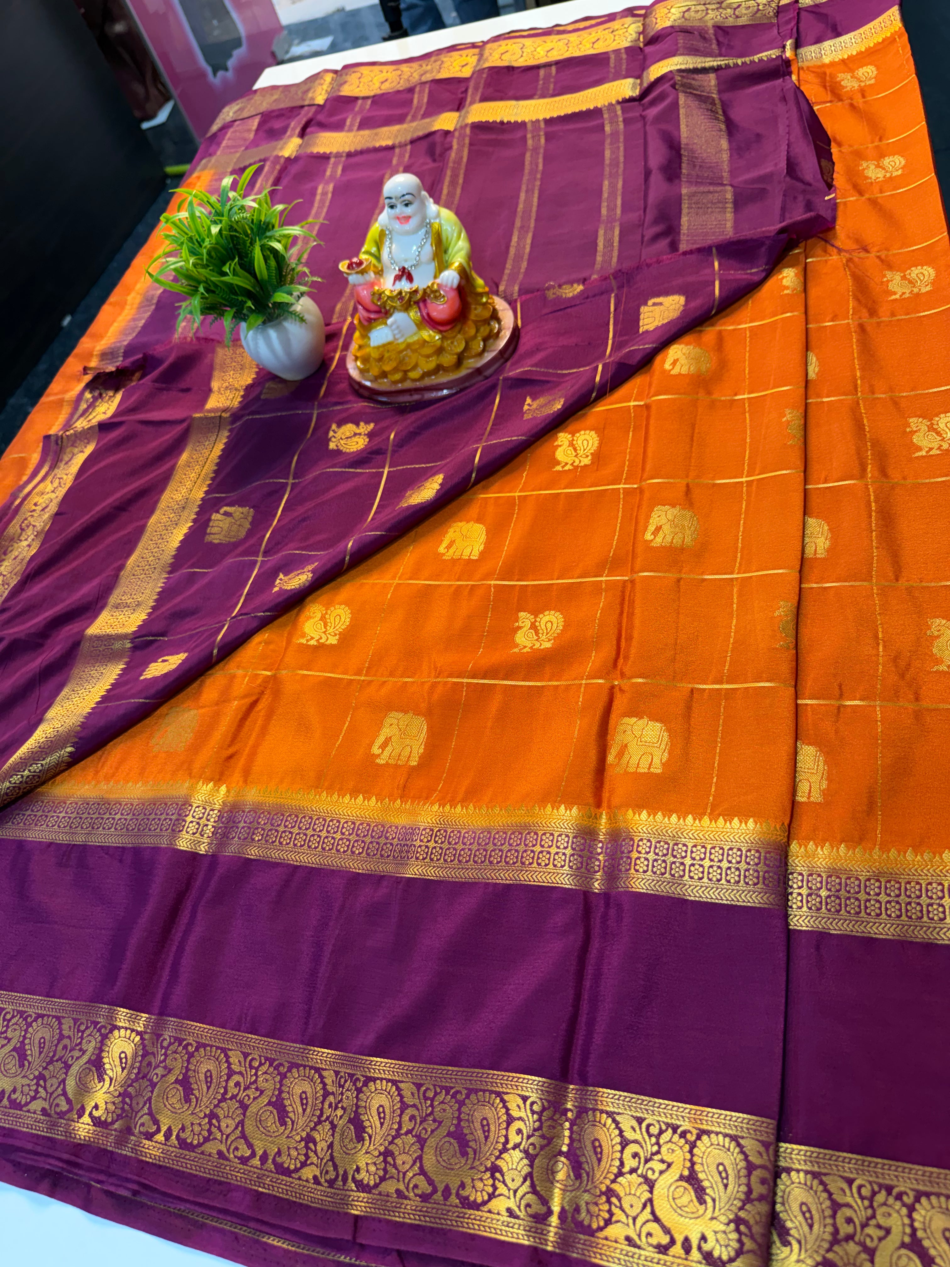 Premium Mysore Crape Silk Saree with Checks, Peacock & Elephant Buttas with Chit Pallu | Padmavathi Silks and Sarees…