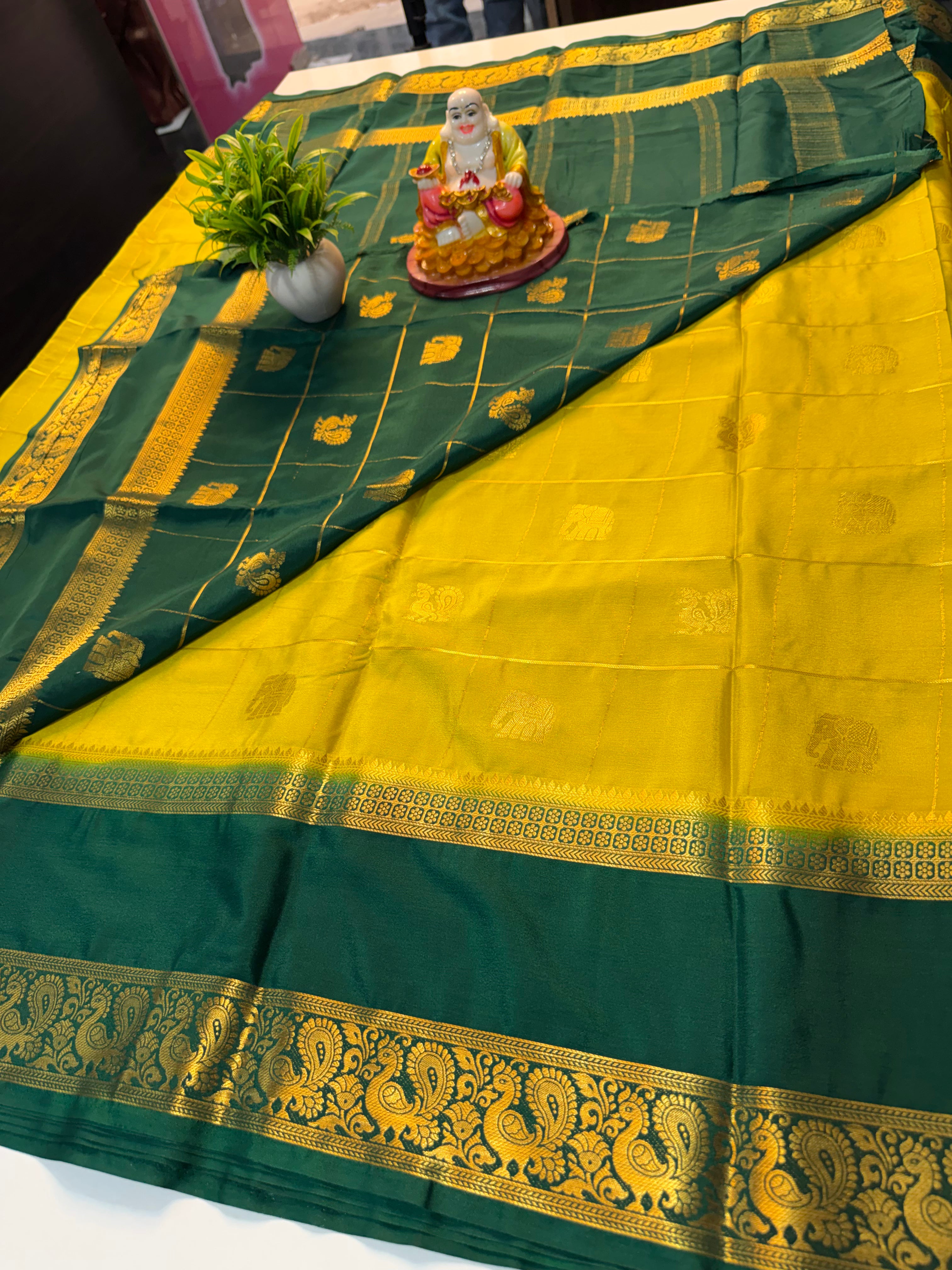 Premium Mysore Crape Silk Saree with Checks, Peacock & Elephant Buttas with Chit Pallu | Padmavathi Silks and Sarees…